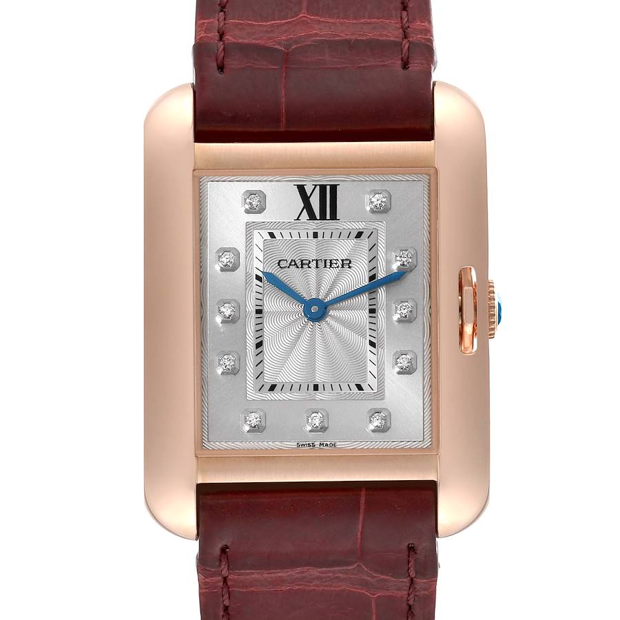 The image shows a close-up front view of a Cartier Tank Anglaise watch with a leather strap.