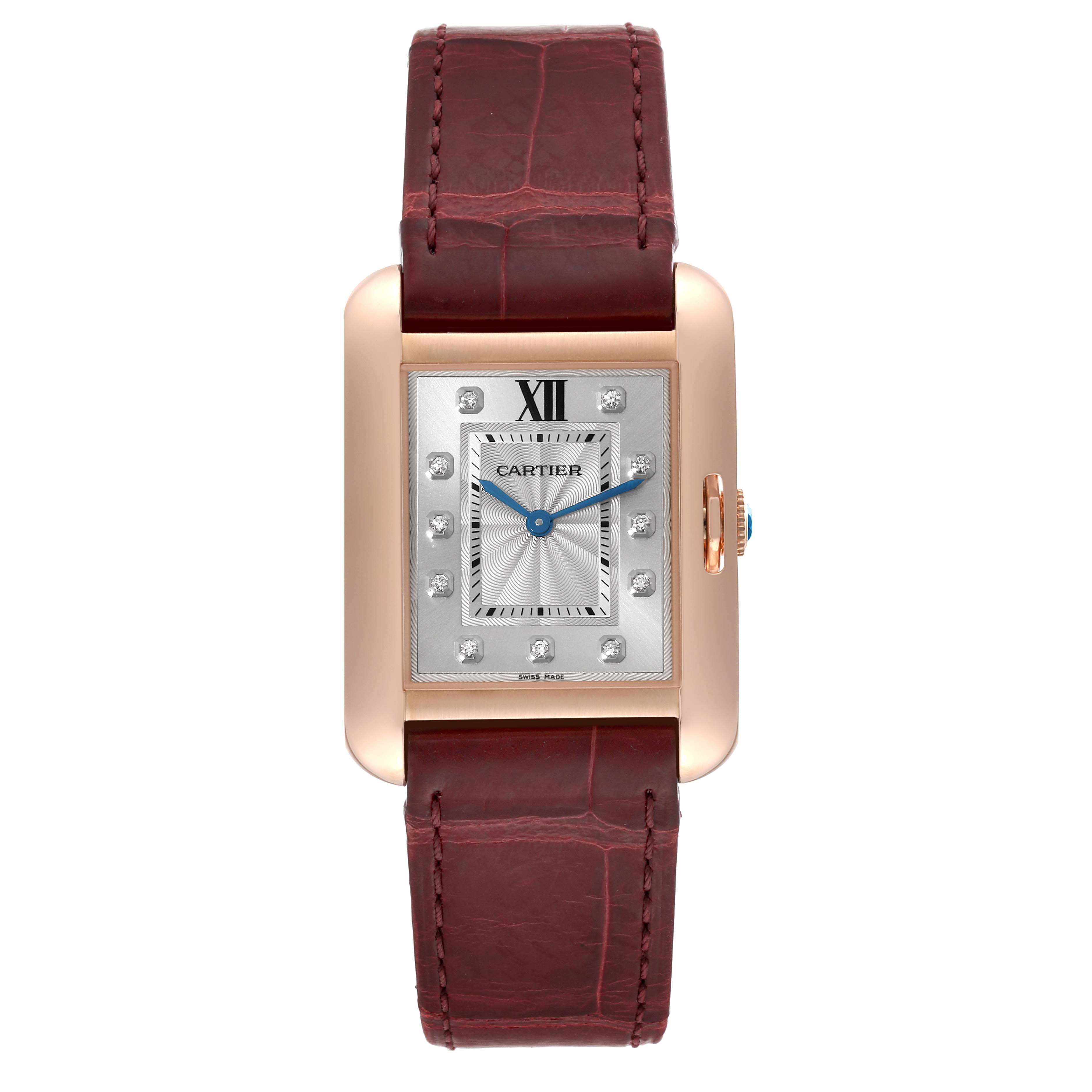 This image shows a front view of a Cartier Tank Anglaise WJTA0009 Women
s Rose Gold Silver Dial WJTA0009 Women
s Rose Gold Silver Dial watch, featuring a rectangular face, a leather strap, and a visible crown.