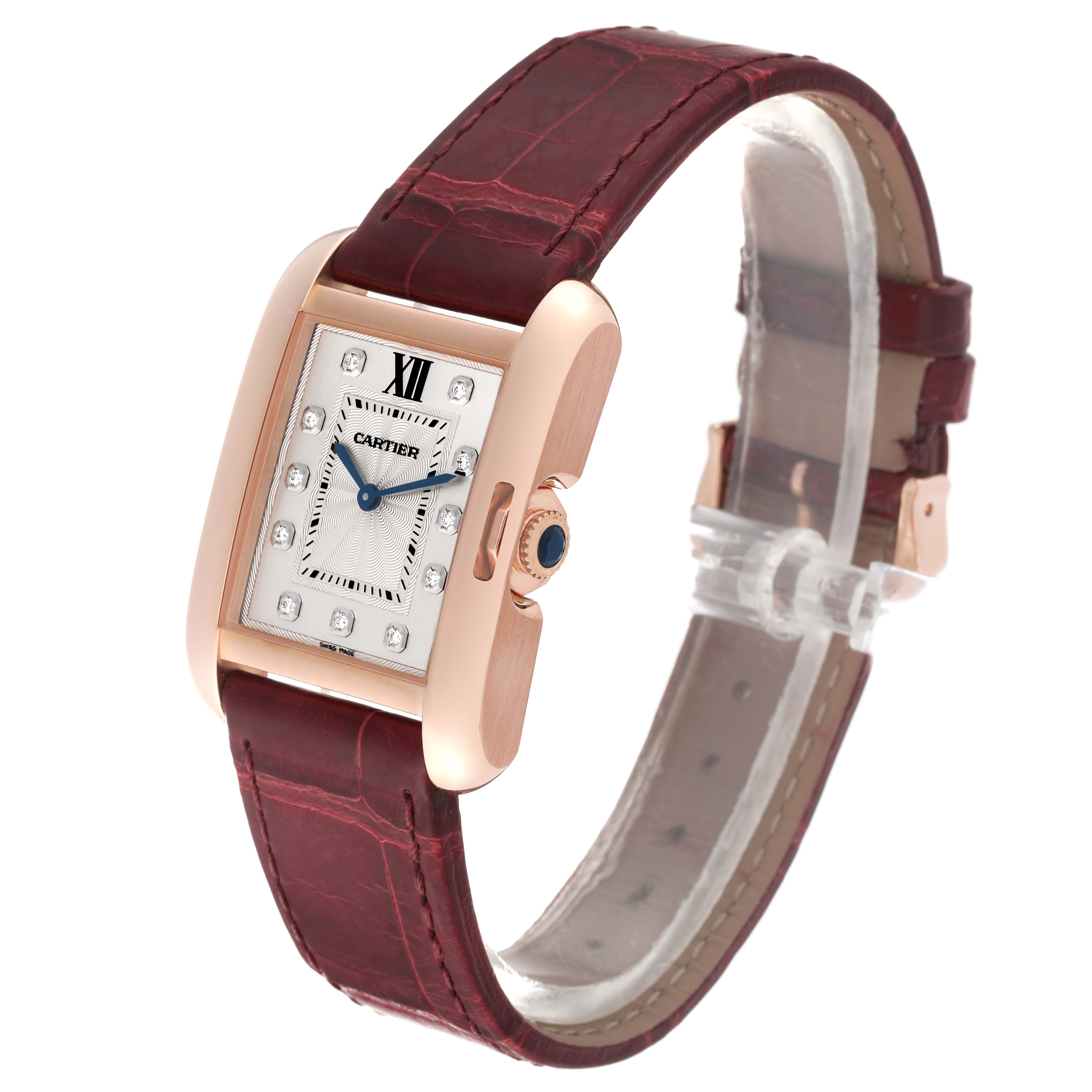 The image shows a Tank Anglaise model by Cartier from a slightly angled front view, highlighting its rectangular case and red leather strap.