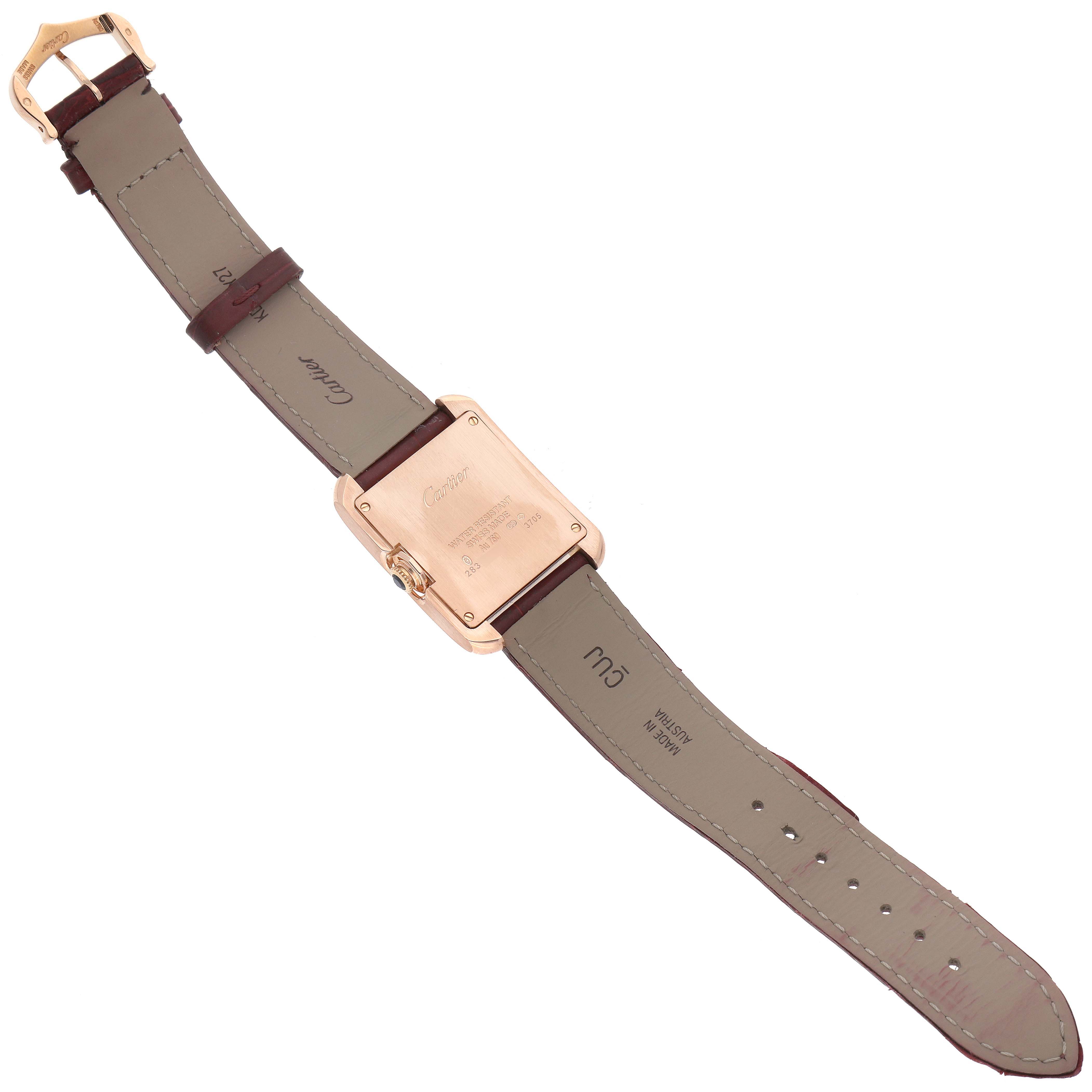 This image shows the back of the Cartier Tank Anglaise WJTA0009 Women
s Rose Gold Silver Dial WJTA0009 Women
s Rose Gold Silver Dial watch, highlighting the caseback, crown, and leather strap.