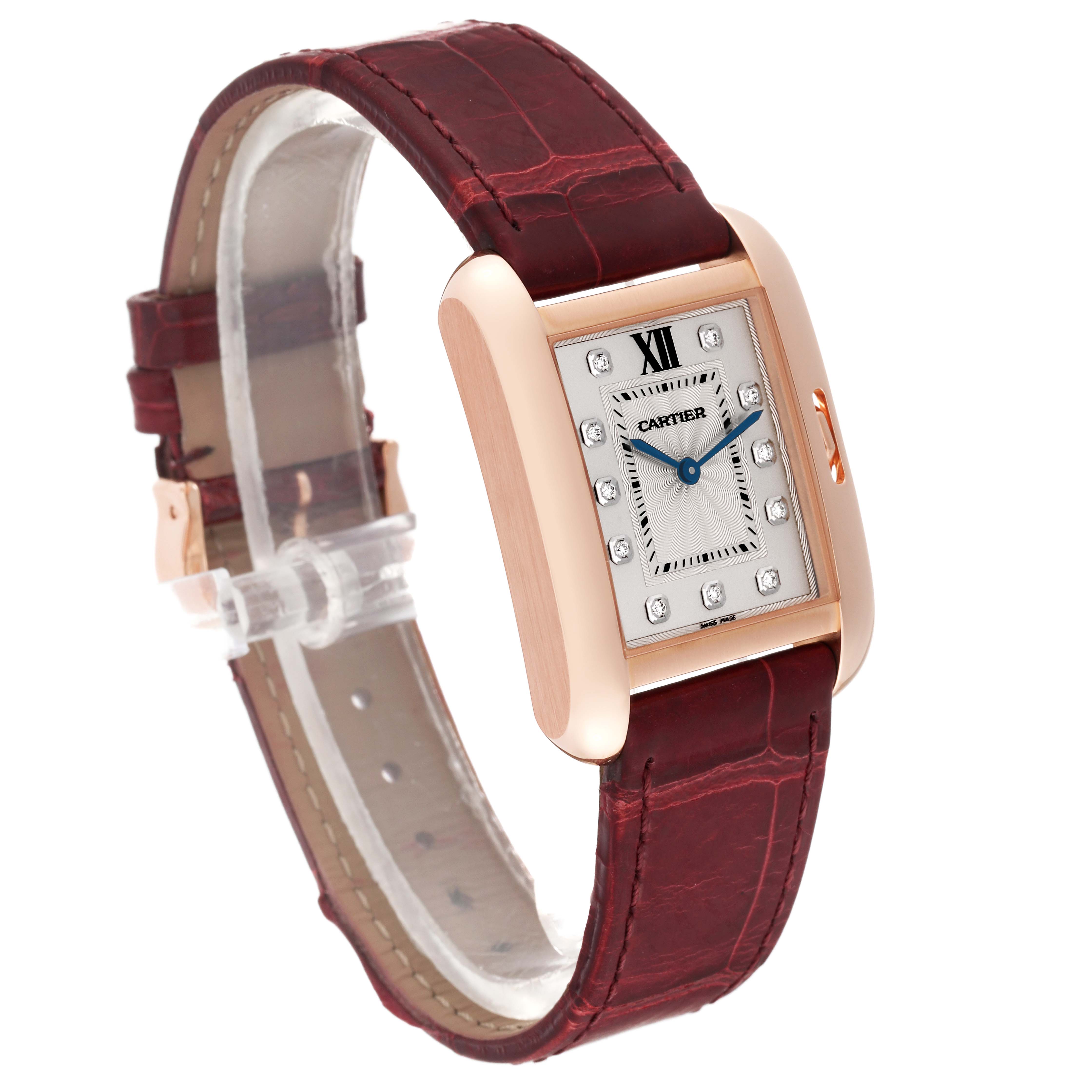 The watch, a Cartier Tank Anglaise WJTA0009 Women
s Rose Gold Silver Dial WJTA0009 Women
s Rose Gold Silver Dial model, is shown at an oblique angle highlighting the face, case, and strap. 