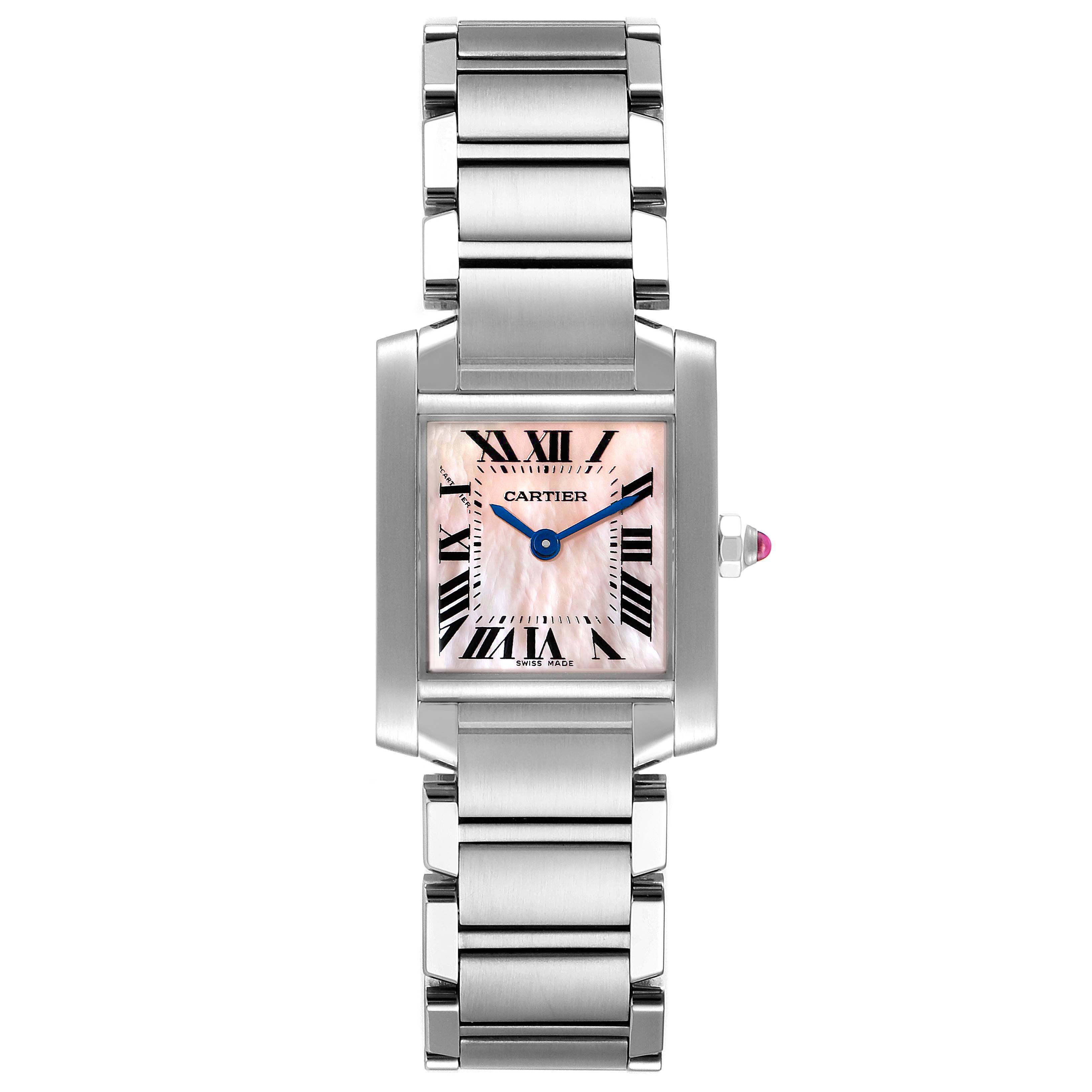 This image shows a front view of the Cartier Tank Française watch, including its face, bezel, and stainless steel bracelet.