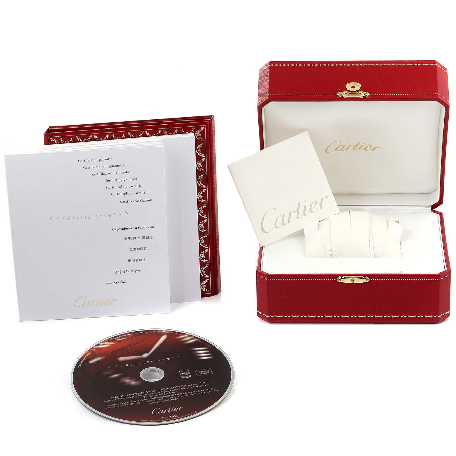 The image shows a Cartier Tank Francaise W51028Q3 Women
s Stainless Steel Mother of Pearl Dial W51028Q3 Women
s Stainless Steel Mother of Pearl Dial watch box, manuals, and a CD from a top-down angle.