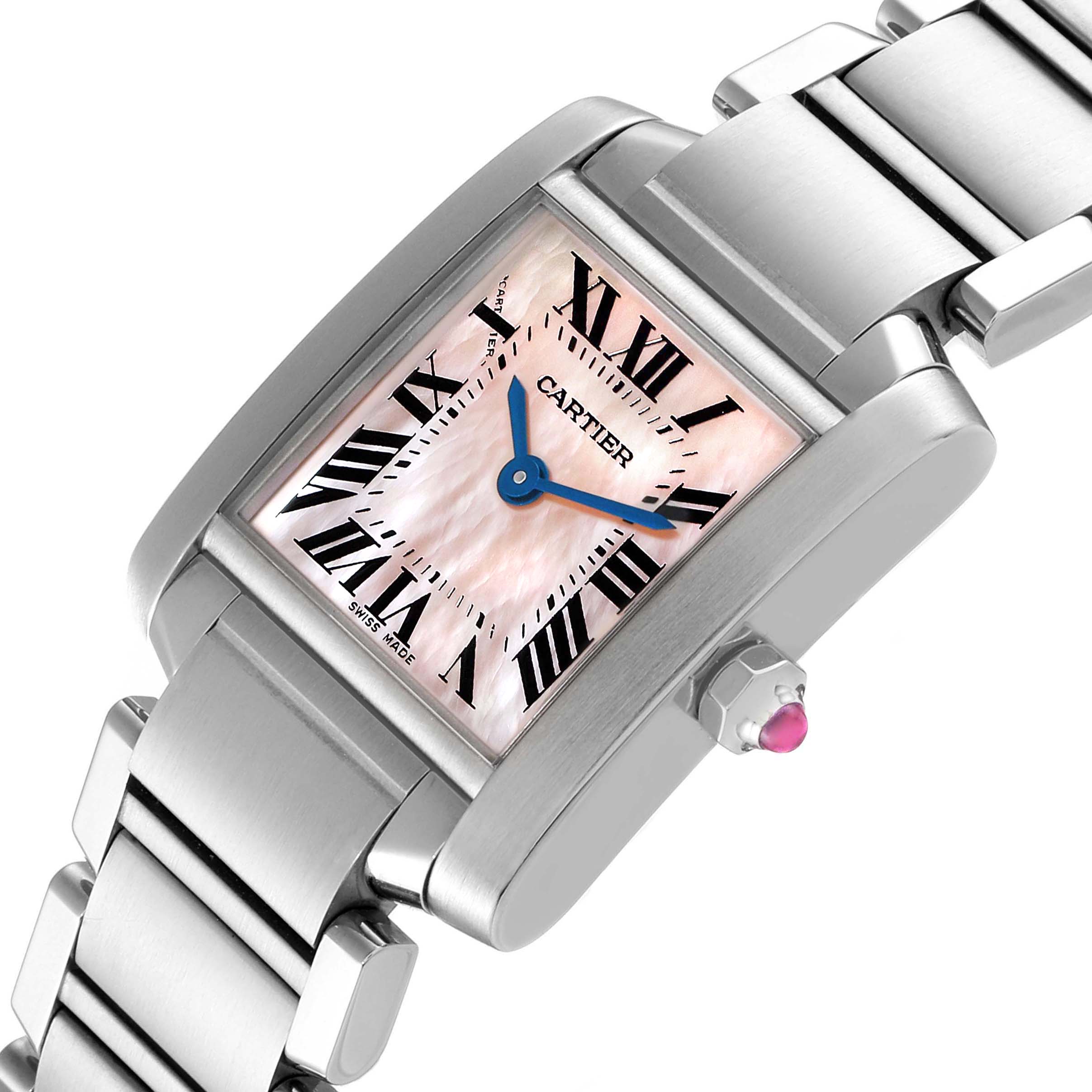 This is a close-up image of the Cartier Tank Francaise W51028Q3 Women
s Stainless Steel Mother of Pearl Dial W51028Q3 Women
s Stainless Steel Mother of Pearl Dial watch showing its face, crown, and part of the bracelet.