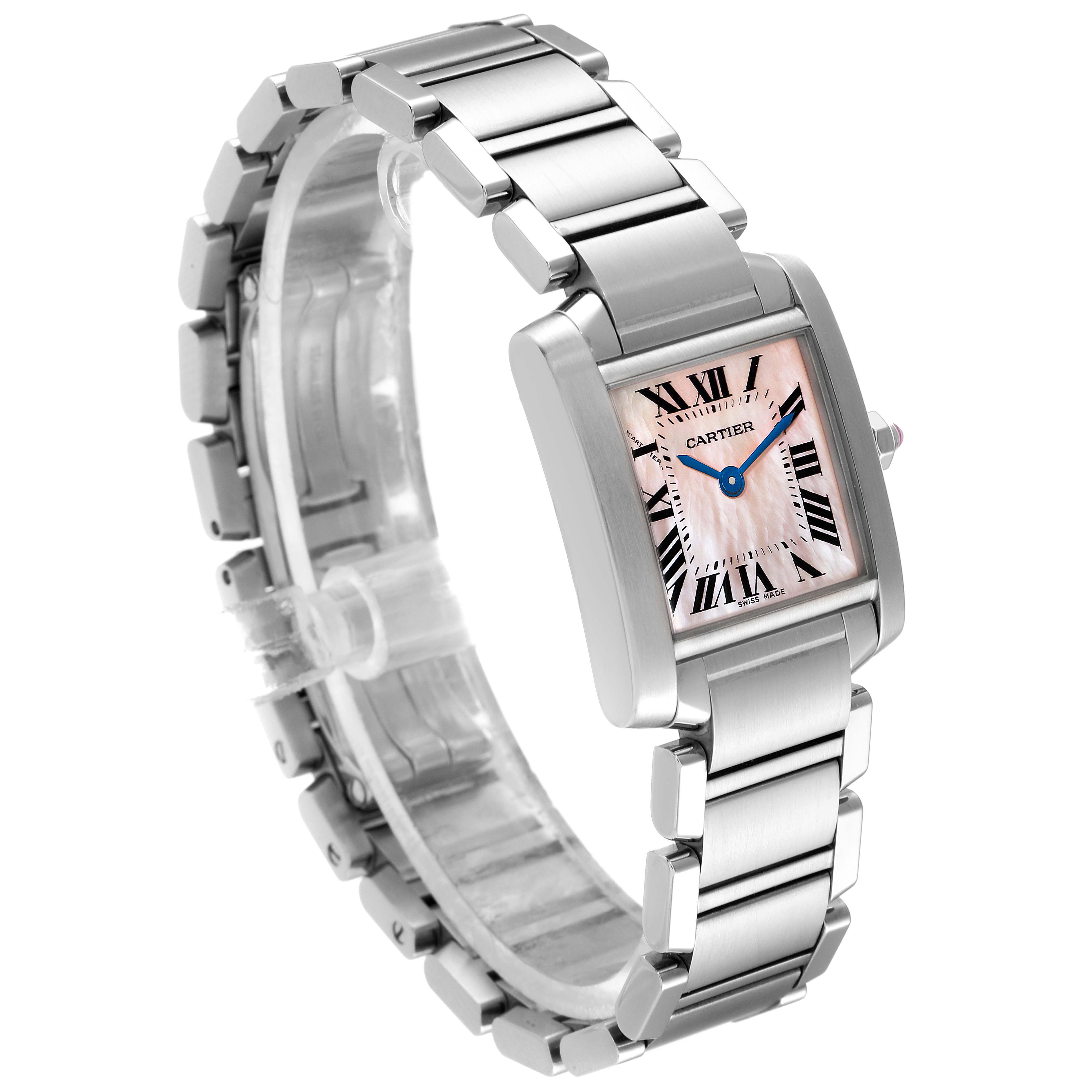 The Cartier Tank Francaise W51028Q3 Women
s Stainless Steel Mother of Pearl Dial W51028Q3 Women
s Stainless Steel Mother of Pearl Dial model watch is shown at an angled front view, highlighting its face and stainless steel bracelet.