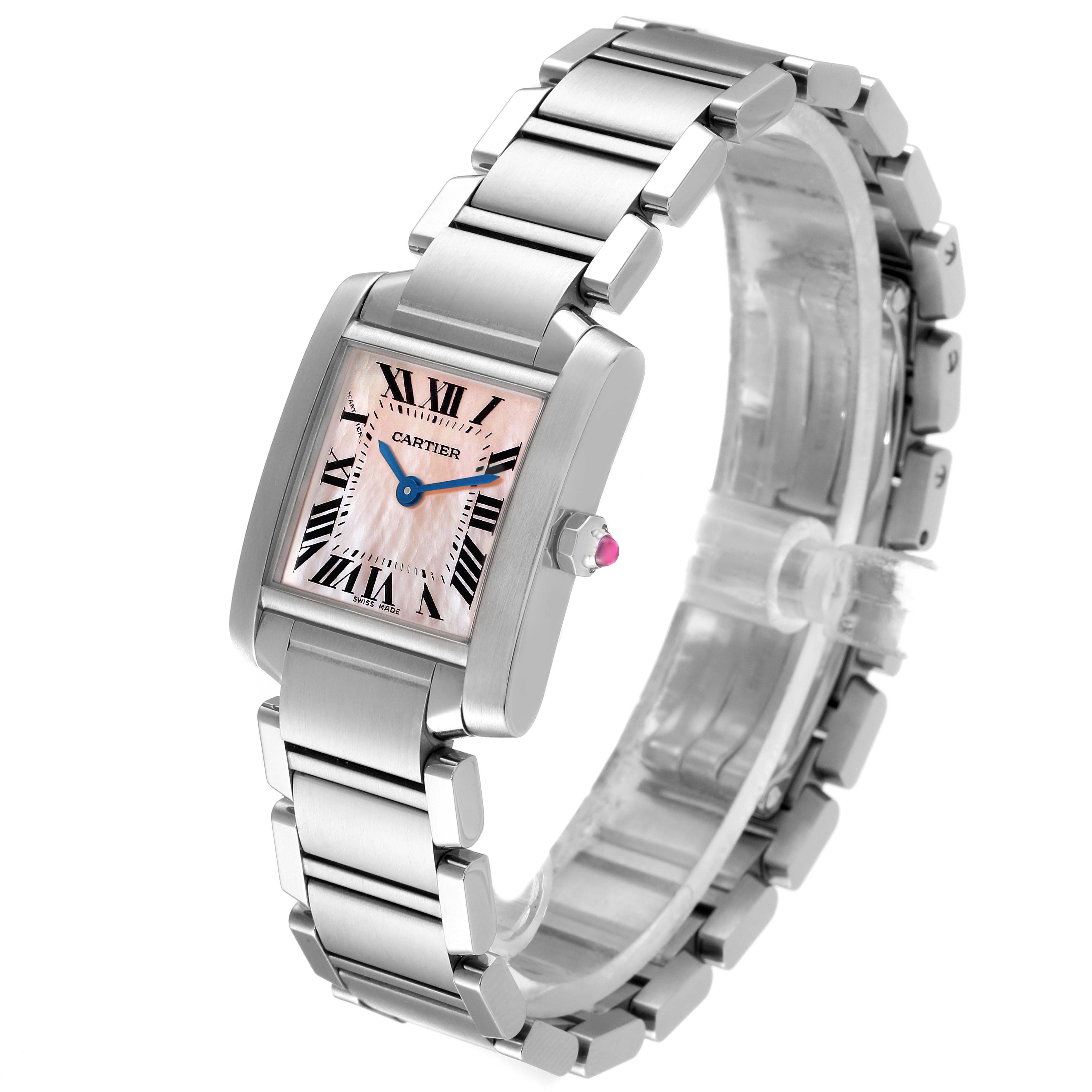 The image shows a Cartier Tank Francaise W51028Q3 Women
s Stainless Steel Mother of Pearl Dial W51028Q3 Women
s Stainless Steel Mother of Pearl Dial watch at a slight side angle, highlighting its case, dial, and bracelet.