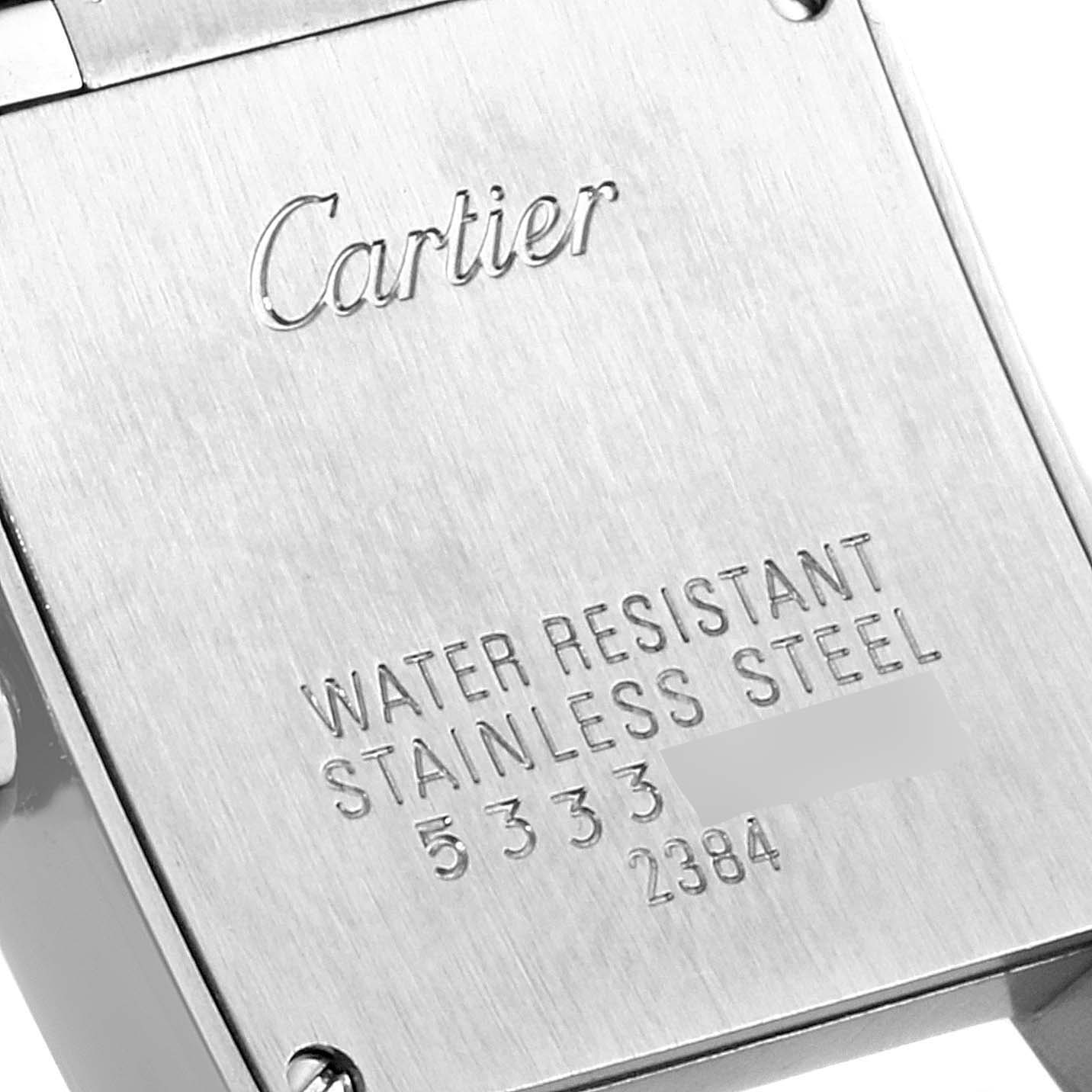 This image shows the back casing of a Cartier Tank Française watch highlighting its water resistance and stainless steel material.