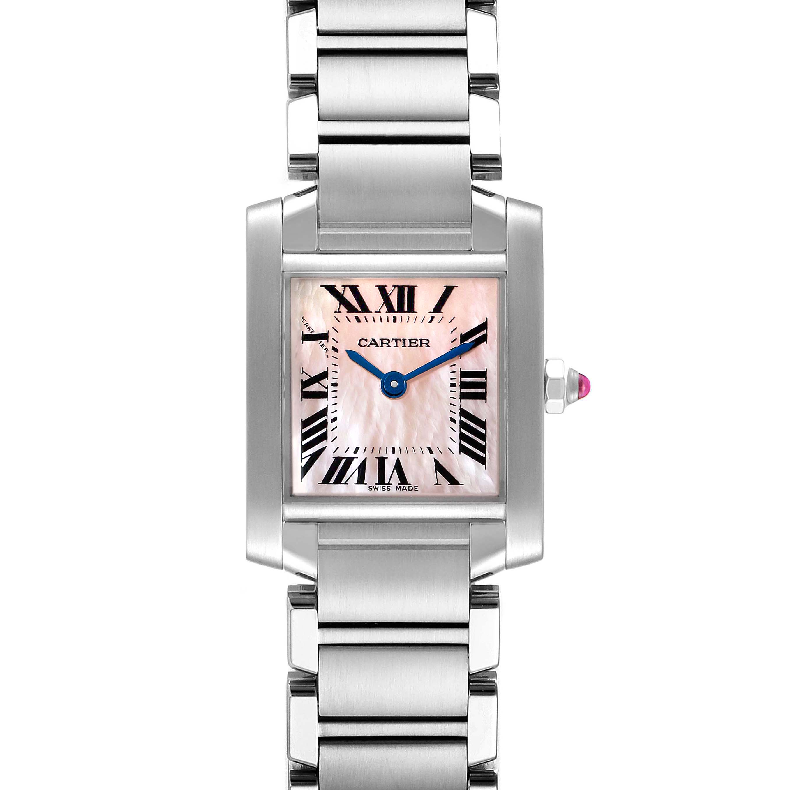 This image shows a front view of the Cartier Tank Francaise W51028Q3 Women
s Stainless Steel Mother of Pearl Dial W51028Q3 Women
s Stainless Steel Mother of Pearl Dial watch, featuring the dial, hands, and part of the bracelet.