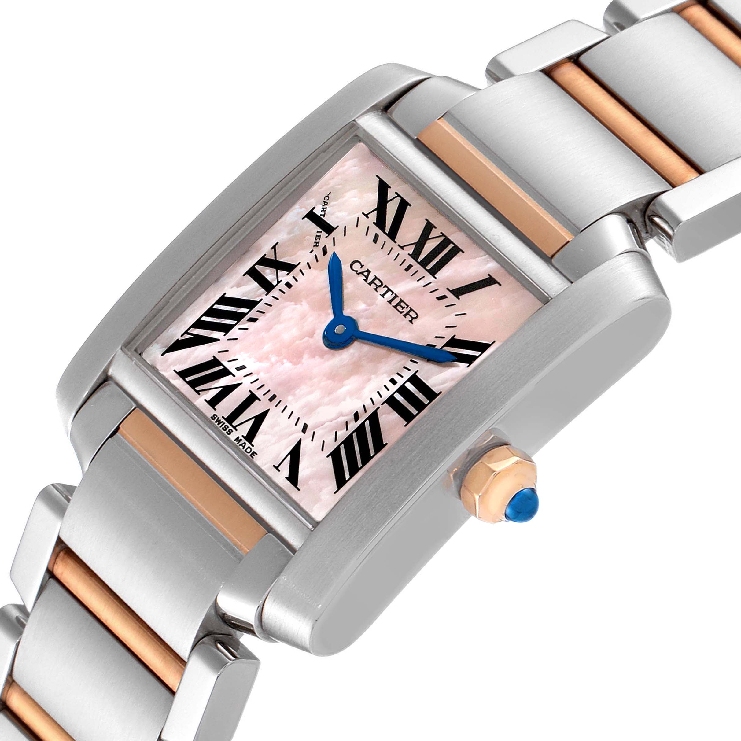 The image shows a close-up, angled view of a Cartier Tank Française watch, highlighting the dial, crown, and part of the bracelet.
