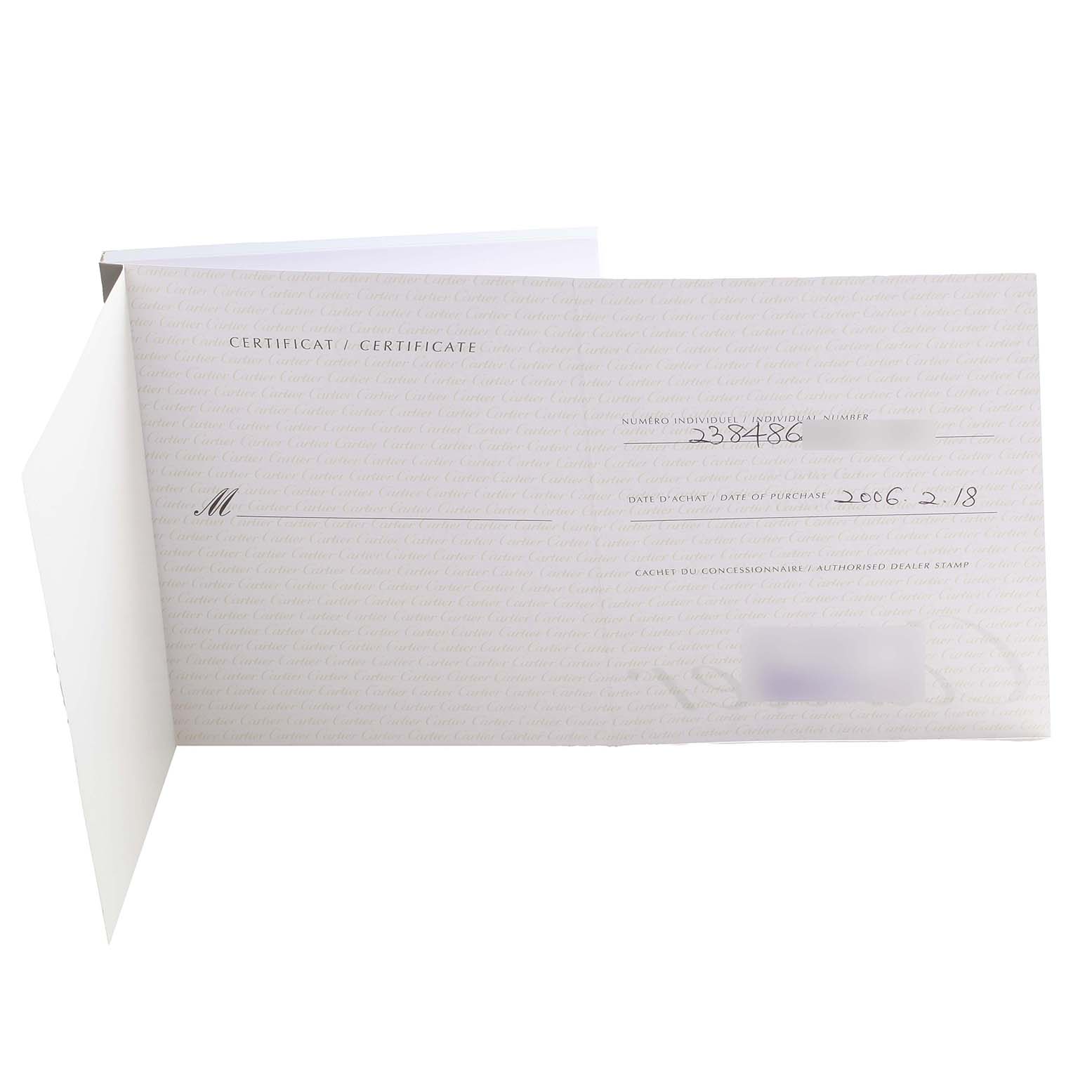 This image shows the opened certificate booklet for the Cartier Tank Française watch model.