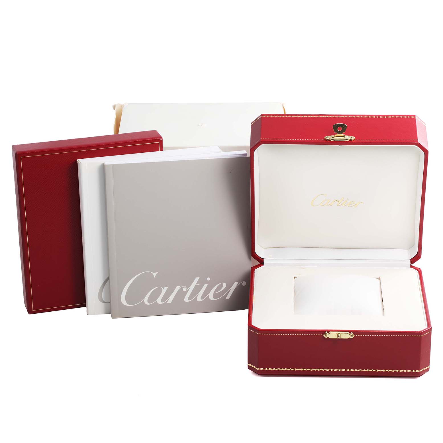 The image shows the protective case, outer box, and manuals for the Tank Française model by Cartier.