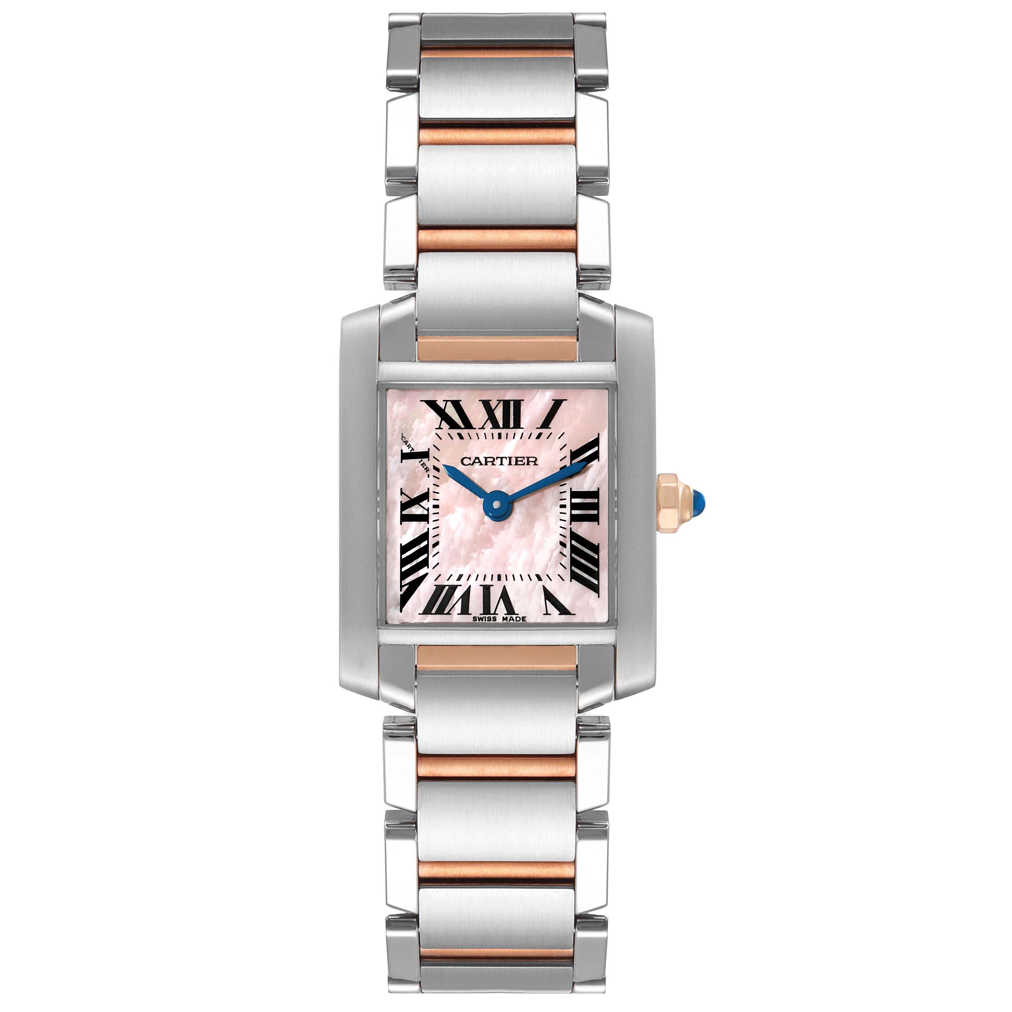 The image shows a frontal view of the Cartier Tank Francaise W51027Q4 Women
s Steel and Gold (two tone) Mother of Pearl Dial W51027Q4 Women
s Steel and Gold (two tone) Mother of Pearl Dial watch, highlighting the rectangular face and bracelet.