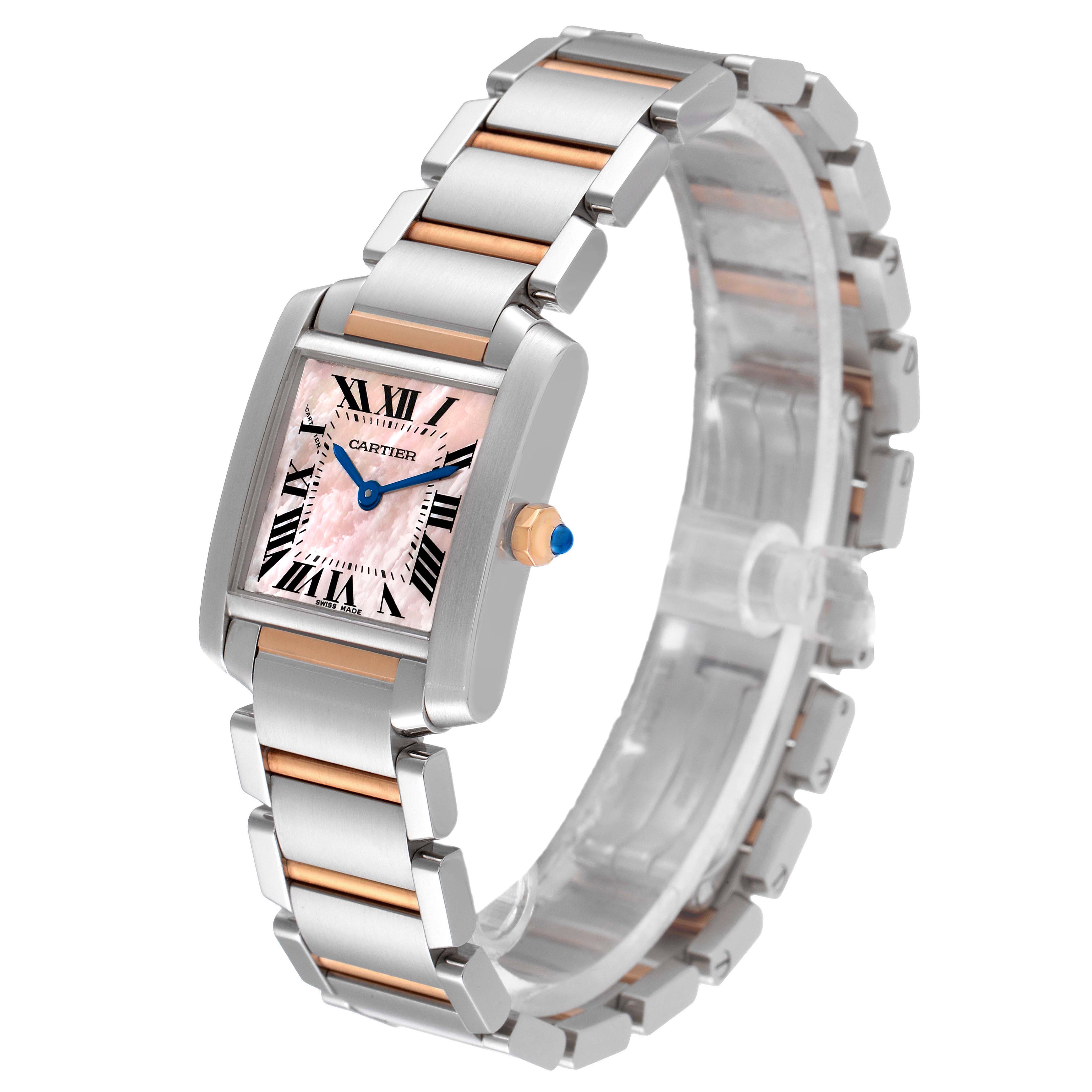 The Cartier Tank Francaise W51027Q4 Women
s Steel and Gold (two tone) Mother of Pearl Dial W51027Q4 Women
s Steel and Gold (two tone) Mother of Pearl Dial watch is shown at an angled top view, displaying its face, band, and crown.