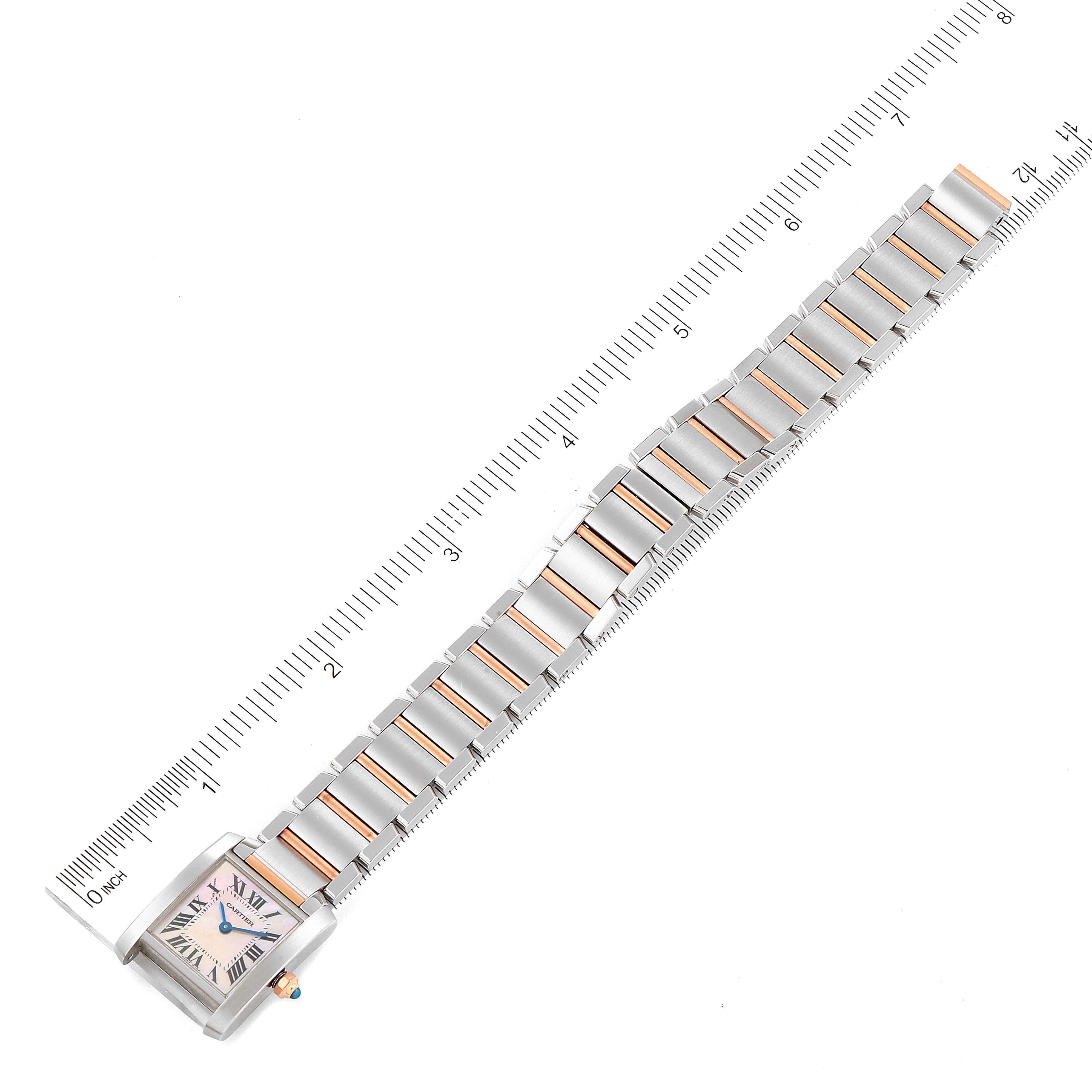 This image shows a full view of the Cartier Tank Francaise W51027Q4 Women
s Steel and Gold (two tone) Mother of Pearl Dial W51027Q4 Women
s Steel and Gold (two tone) Mother of Pearl Dial watch, highlighting its bracelet and square dial.