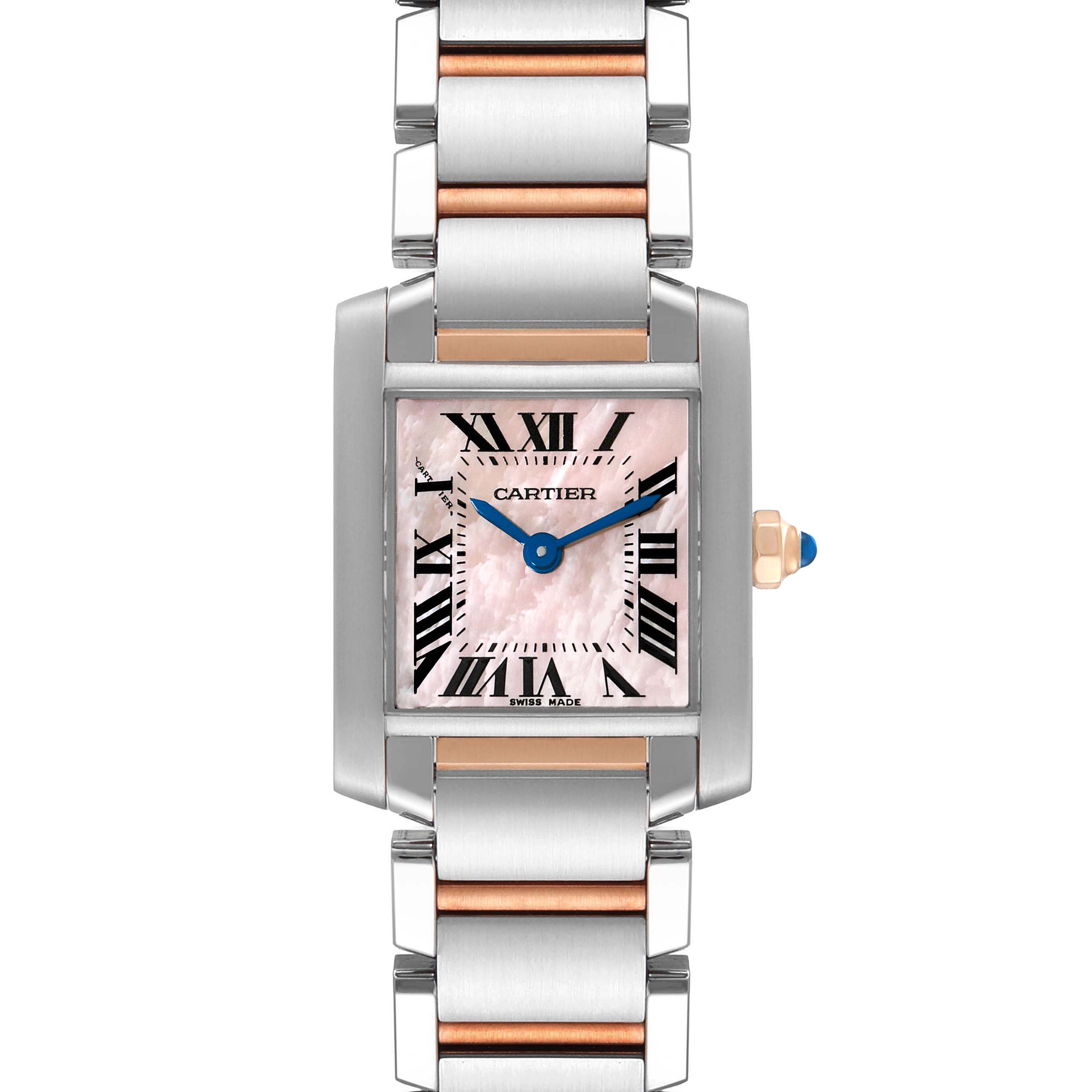The image shows a front view of a Cartier Tank Francaise W51027Q4 Women
s Steel and Gold (two tone) Mother of Pearl Dial W51027Q4 Women
s Steel and Gold (two tone) Mother of Pearl Dial watch featuring a two-tone bracelet and a pink Roman numeral dial.