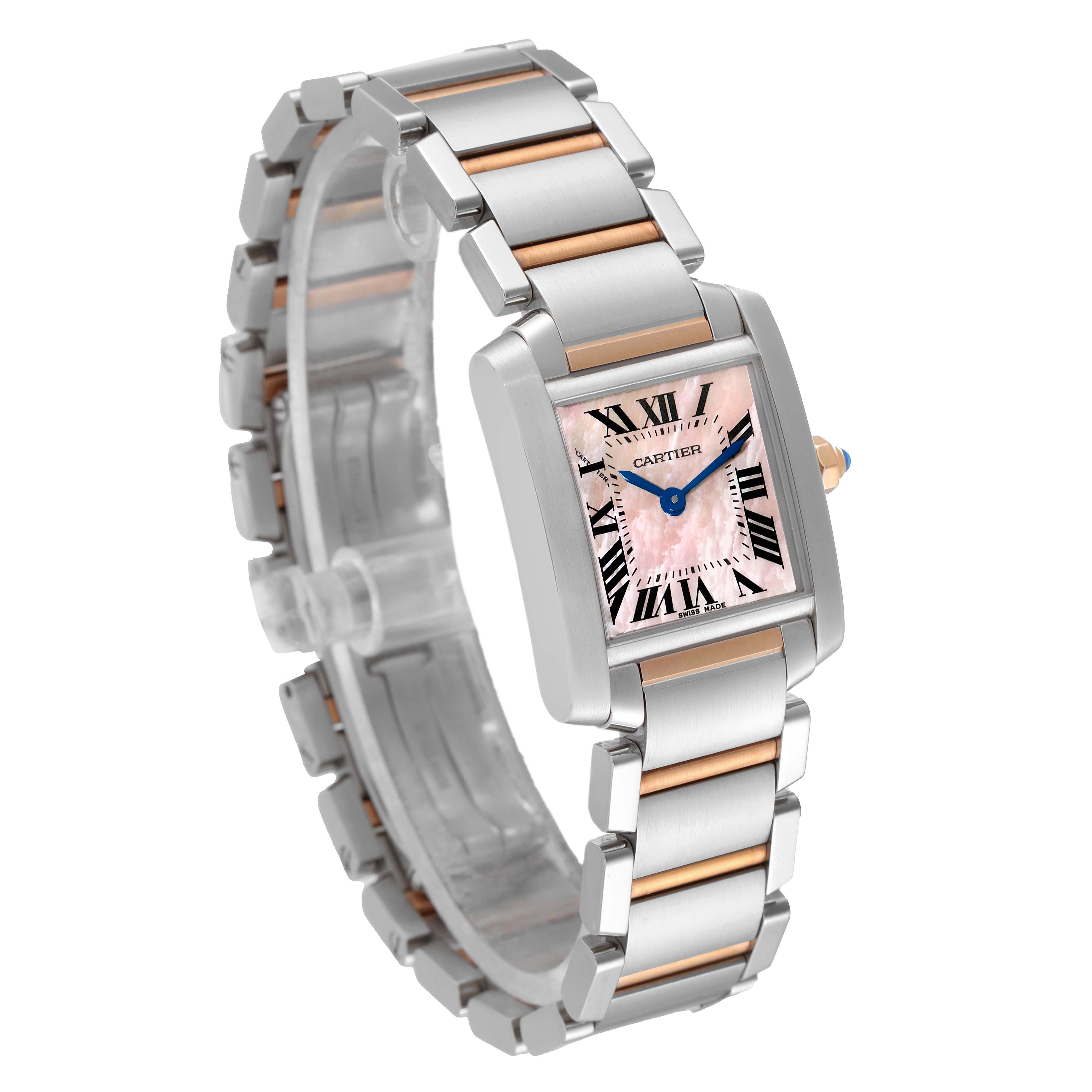 This is a frontal angle of the Cartier Tank Francaise W51027Q4 Women
s Steel and Gold (two tone) Mother of Pearl Dial W51027Q4 Women
s Steel and Gold (two tone) Mother of Pearl Dial watch, showing the face, bracelet, and crown.