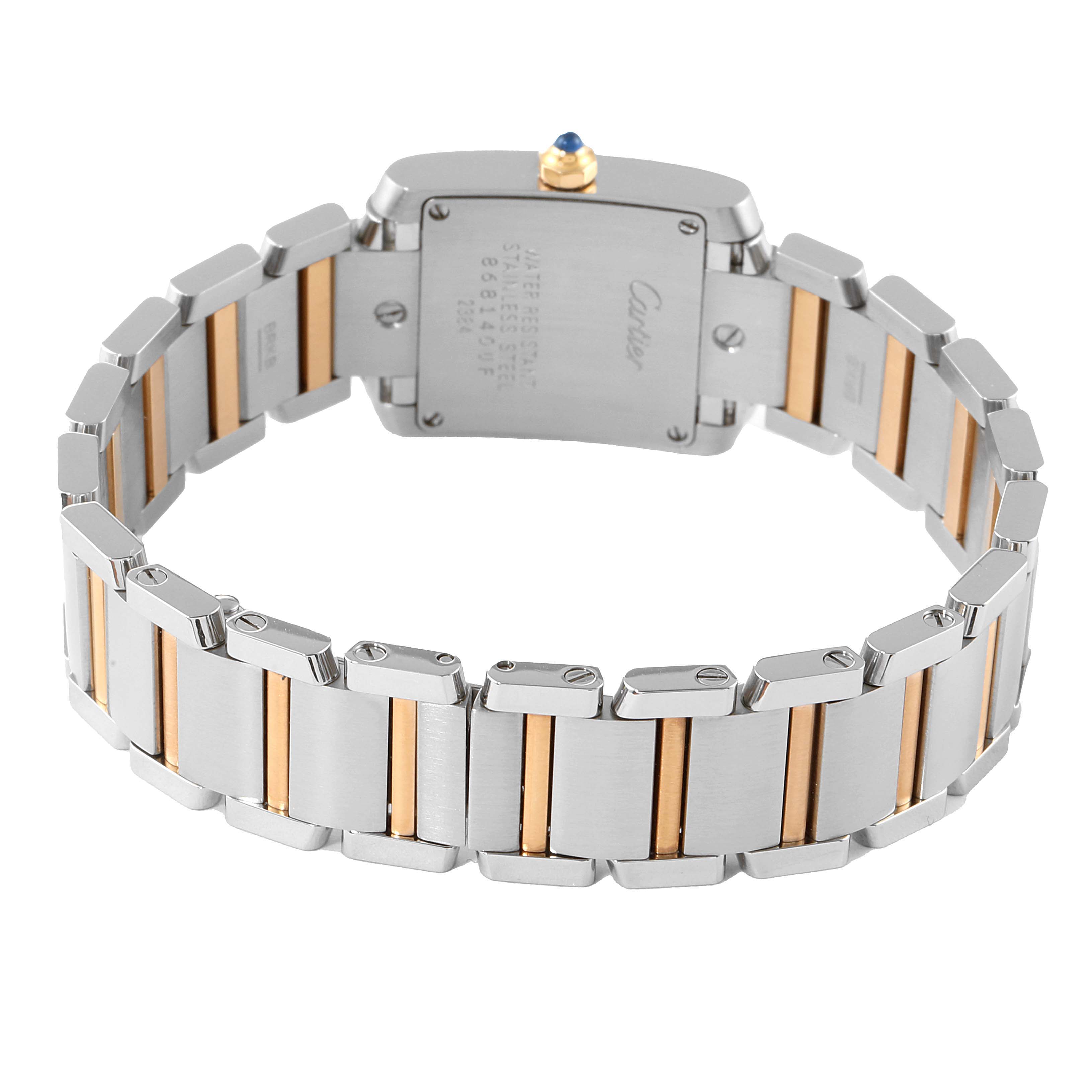 This image shows the back view of the Cartier Tank Française watch, highlighting its two-tone metal bracelet and case back.