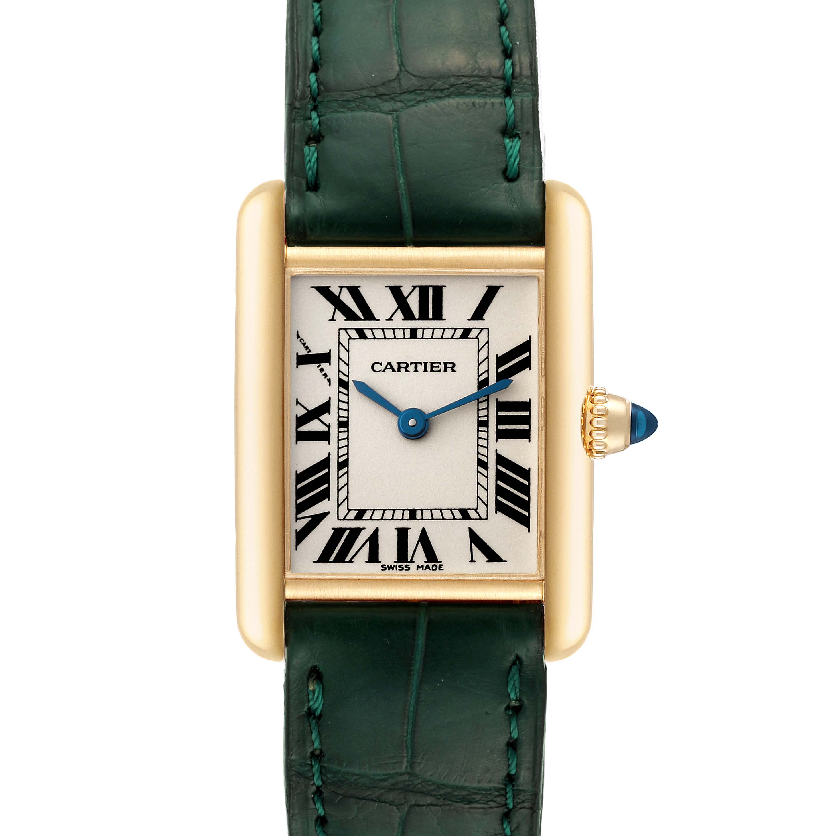 The image shows a frontal view of a Cartier Tank Louis W1529856 Women's Yellow Gold Silver Dial W1529856 Women's Yellow Gold Silver Dial watch, highlighting its rectangular case, Roman numeral dial, and green leather strap.