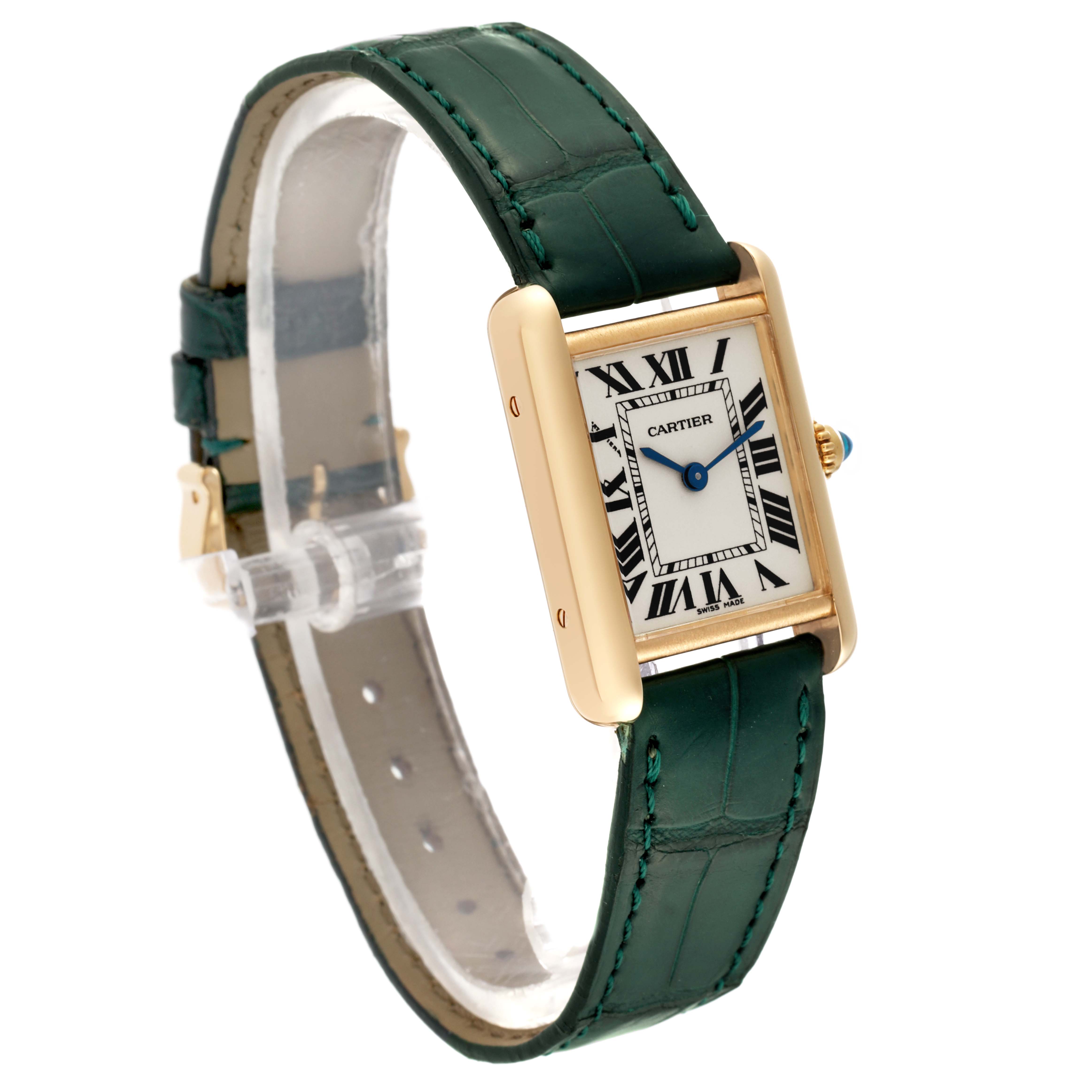 The image showcases a Cartier Tank Louis W1529856 Women's Yellow Gold Silver Dial W1529856 Women's Yellow Gold Silver Dial watch from an angled view, highlighting the green leather strap, rectangular dial, and gold case.