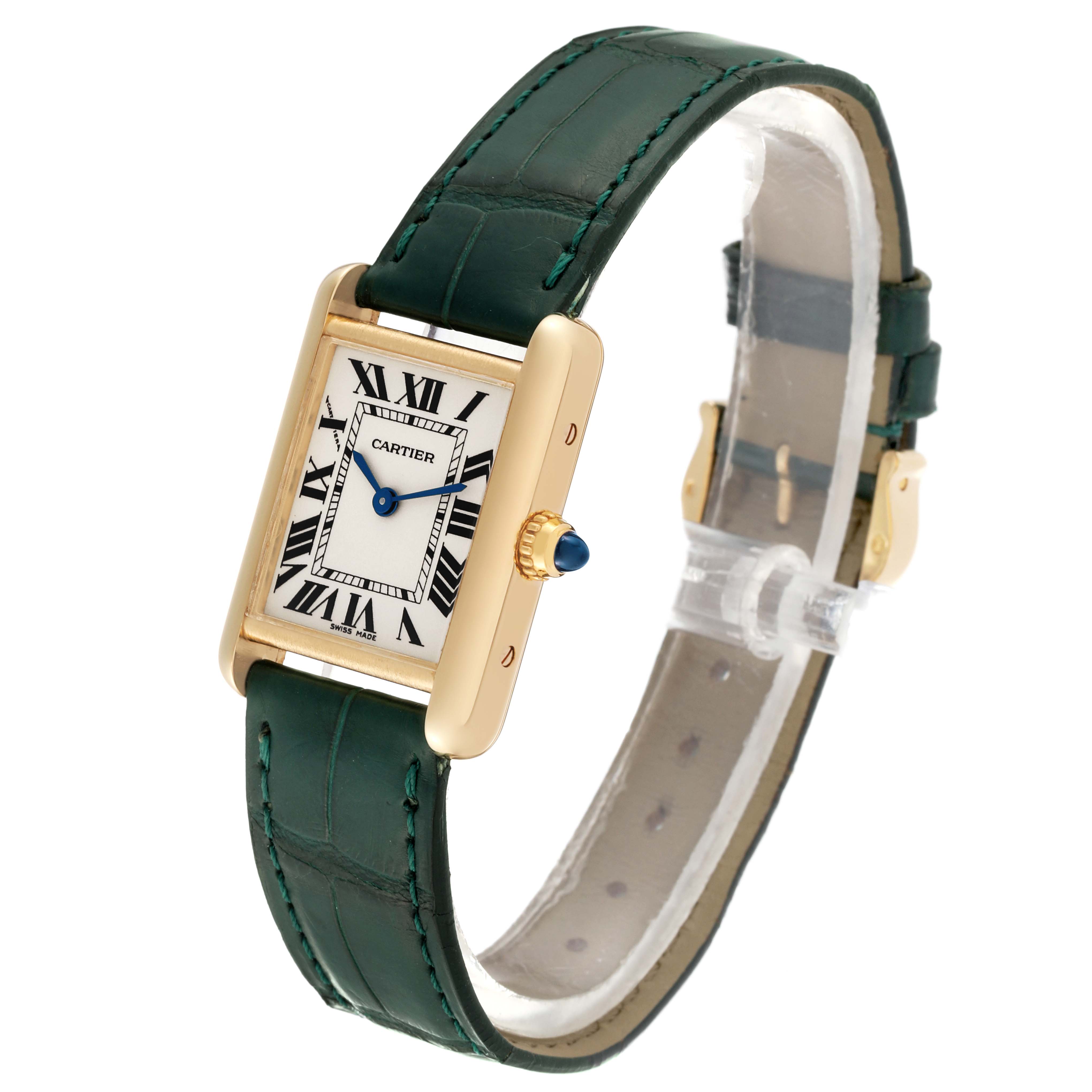 The image shows a Cartier Tank Louis W1529856 Women's Yellow Gold Silver Dial W1529856 Women's Yellow Gold Silver Dial watch at a slight angle, highlighting the dial, crown, and green leather strap.