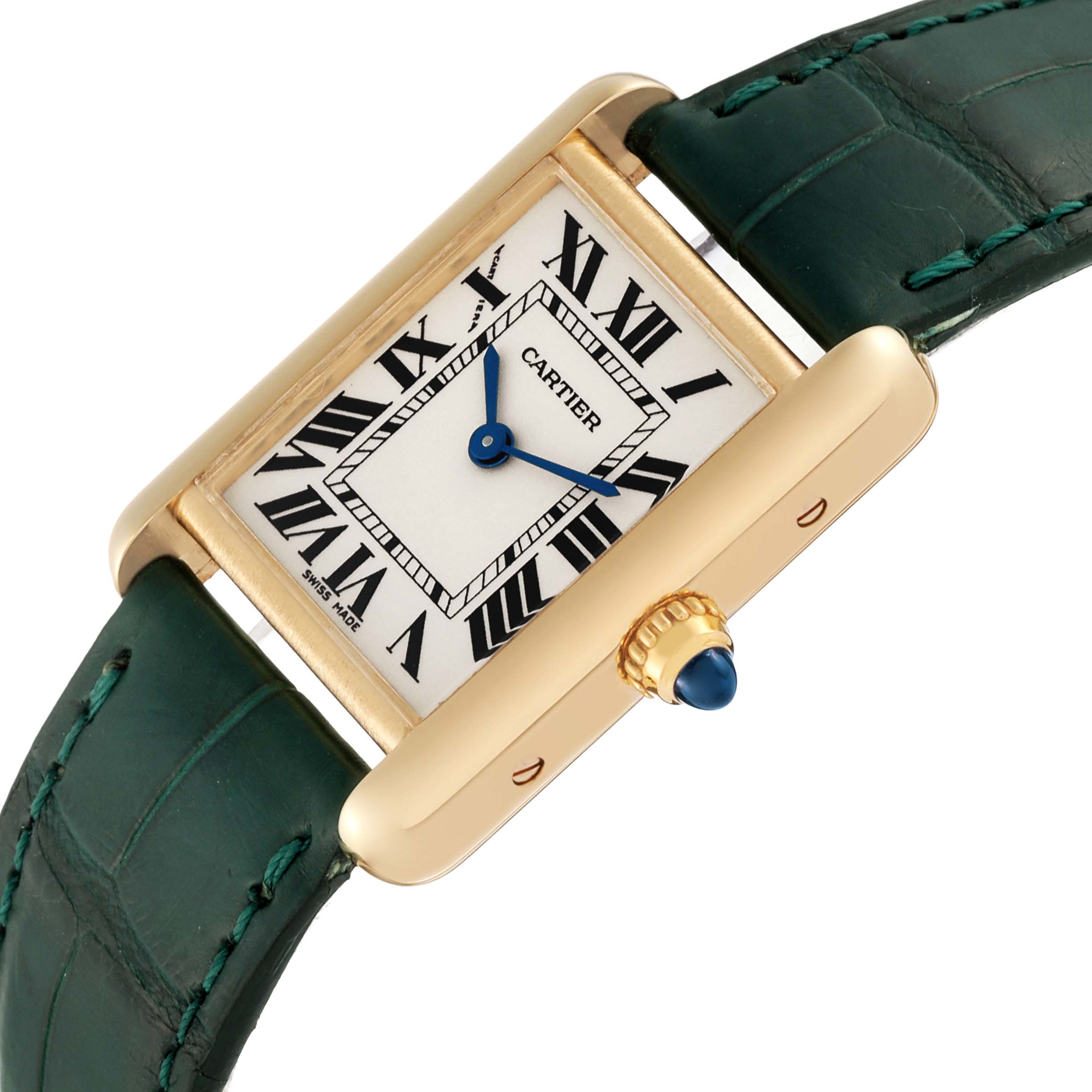 The image shows a Cartier Tank Louis W1529856 Women's Yellow Gold Silver Dial W1529856 Women's Yellow Gold Silver Dial watch at a slight angle, highlighting the face, crown, and green leather strap.