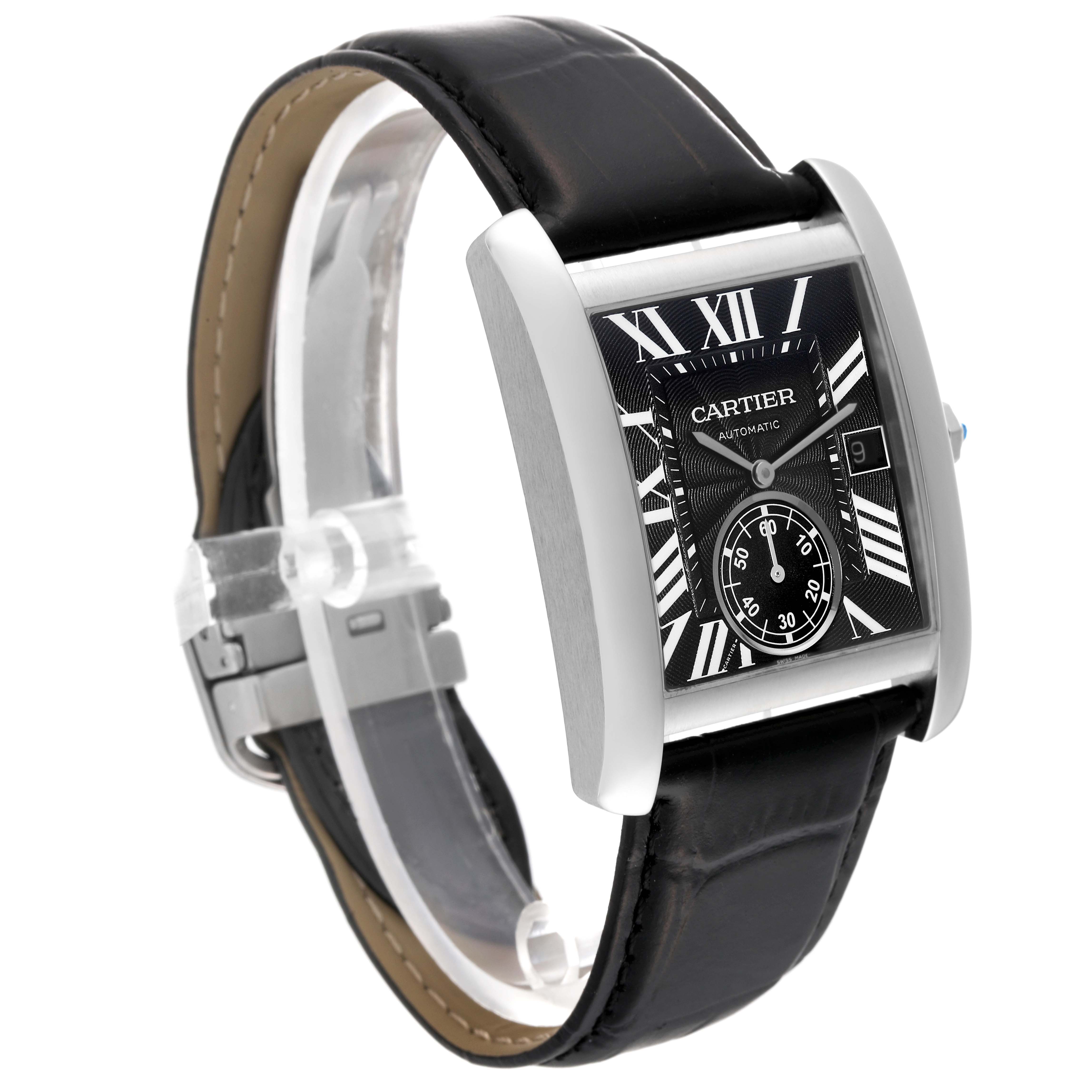 The Cartier Tank MC W5330004 Men
s Stainless Steel Black Dial W5330004 Men
s Stainless Steel Black Dial watch is shown at a three-quarter angle, highlighting its face, strap, and case.