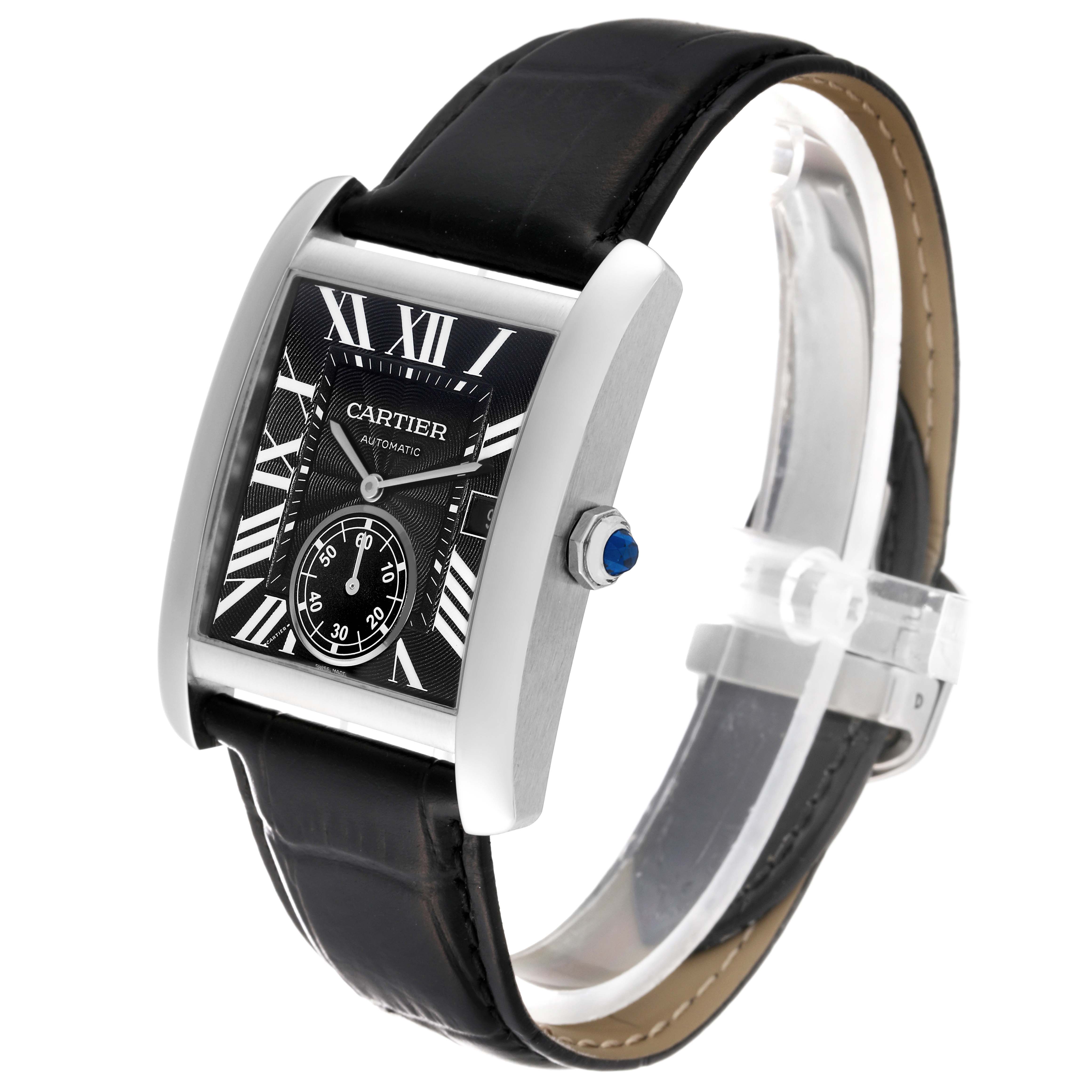 The Tank MC model by Cartier is shown at a slight angle, displaying the face, bezel, crown, lugs, and strap.