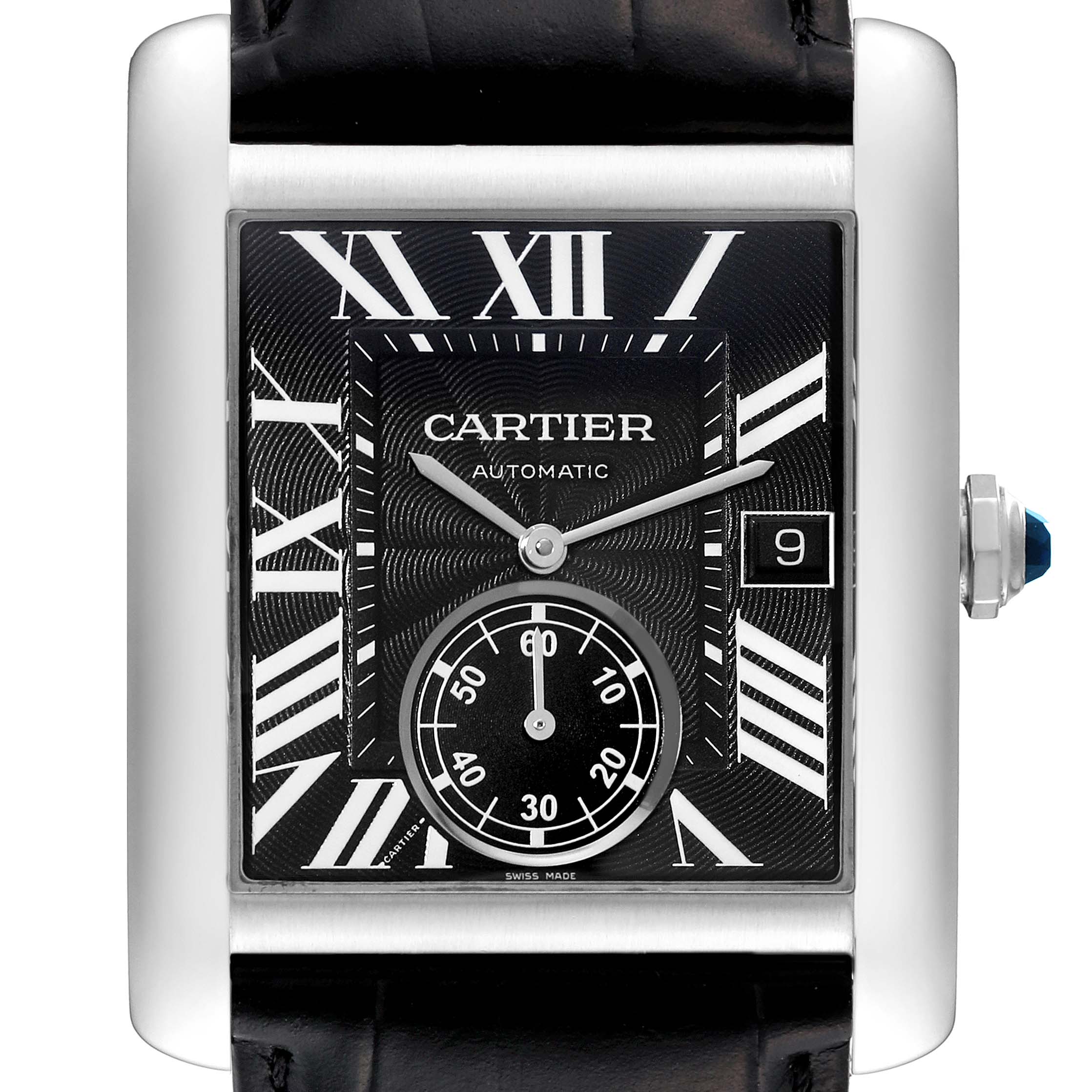 Front view of the Cartier Tank MC W5330004 Men
s Stainless Steel Black Dial W5330004 Men
s Stainless Steel Black Dial watch showing the dial, hands, subdial, date window, and crown.