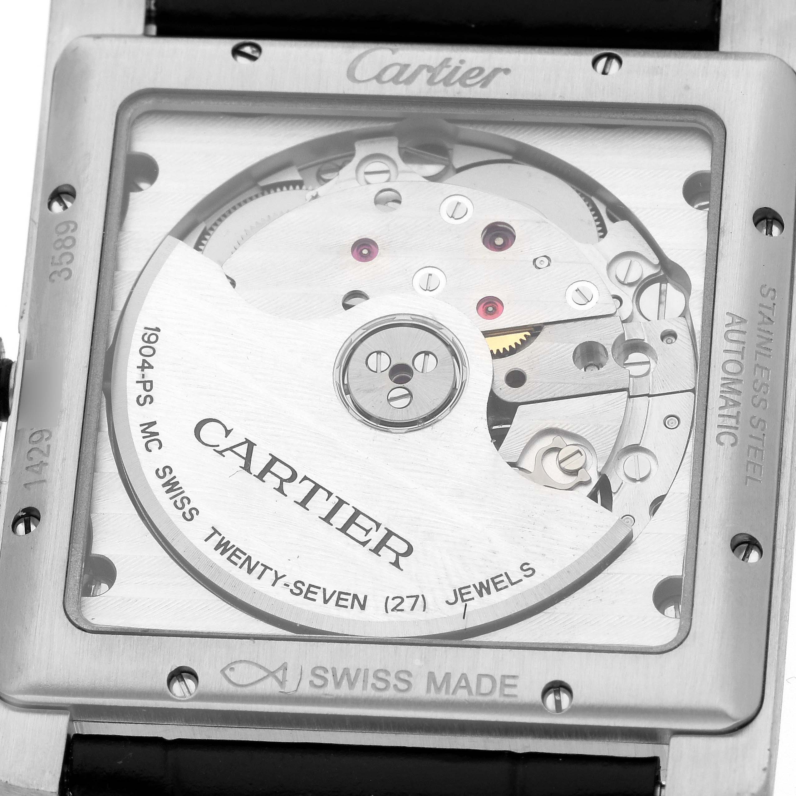 This image shows the back view of the Cartier Tank MC W5330004 Men
s Stainless Steel Black Dial W5330004 Men
s Stainless Steel Black Dial watch, highlighting the movement and internal mechanism.