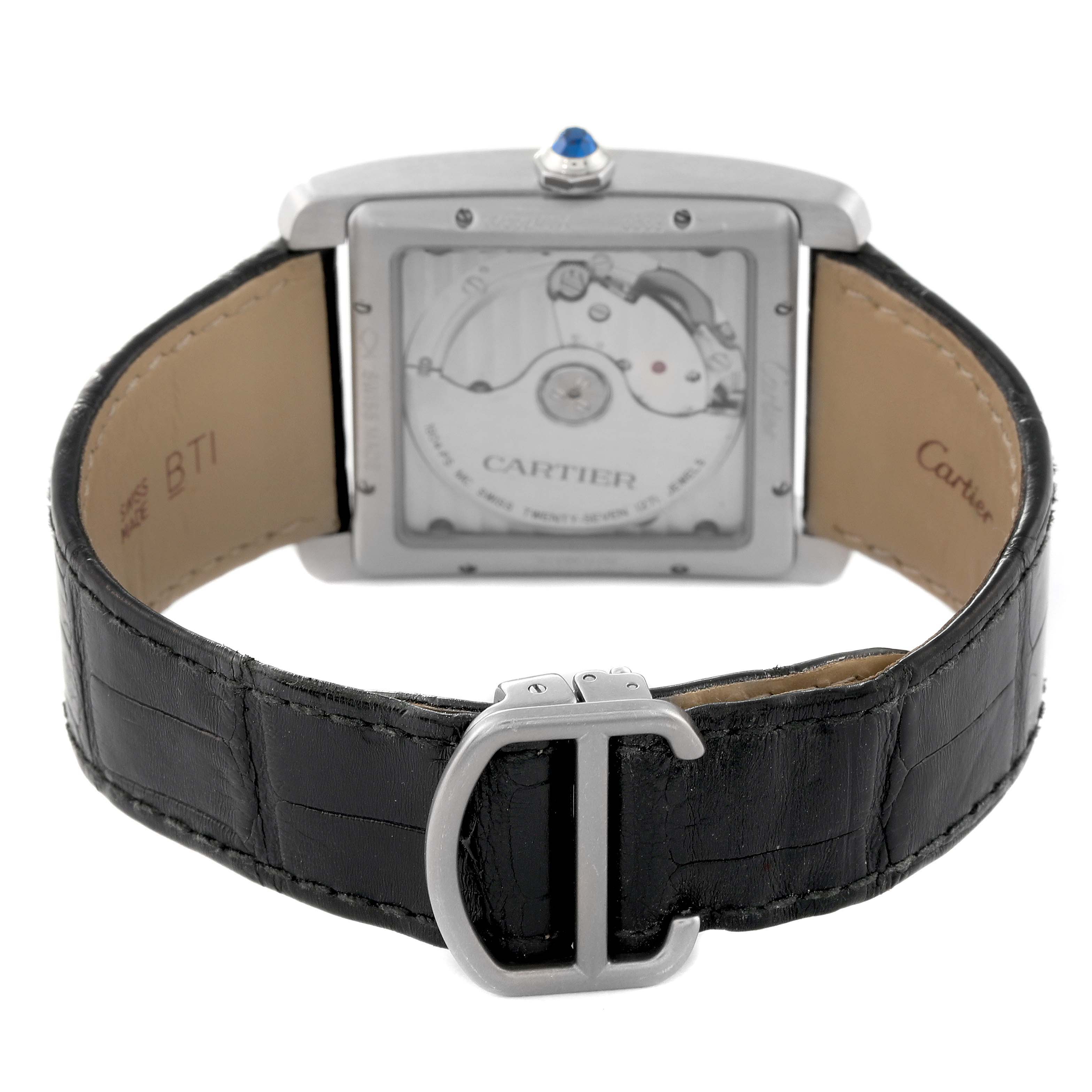 This image shows the back case and strap of a Cartier Tank MC W5330003 Men
s Stainless Steel Silver Dial W5330003 Men
s Stainless Steel Silver Dial watch, highlighting the movement and clasp.