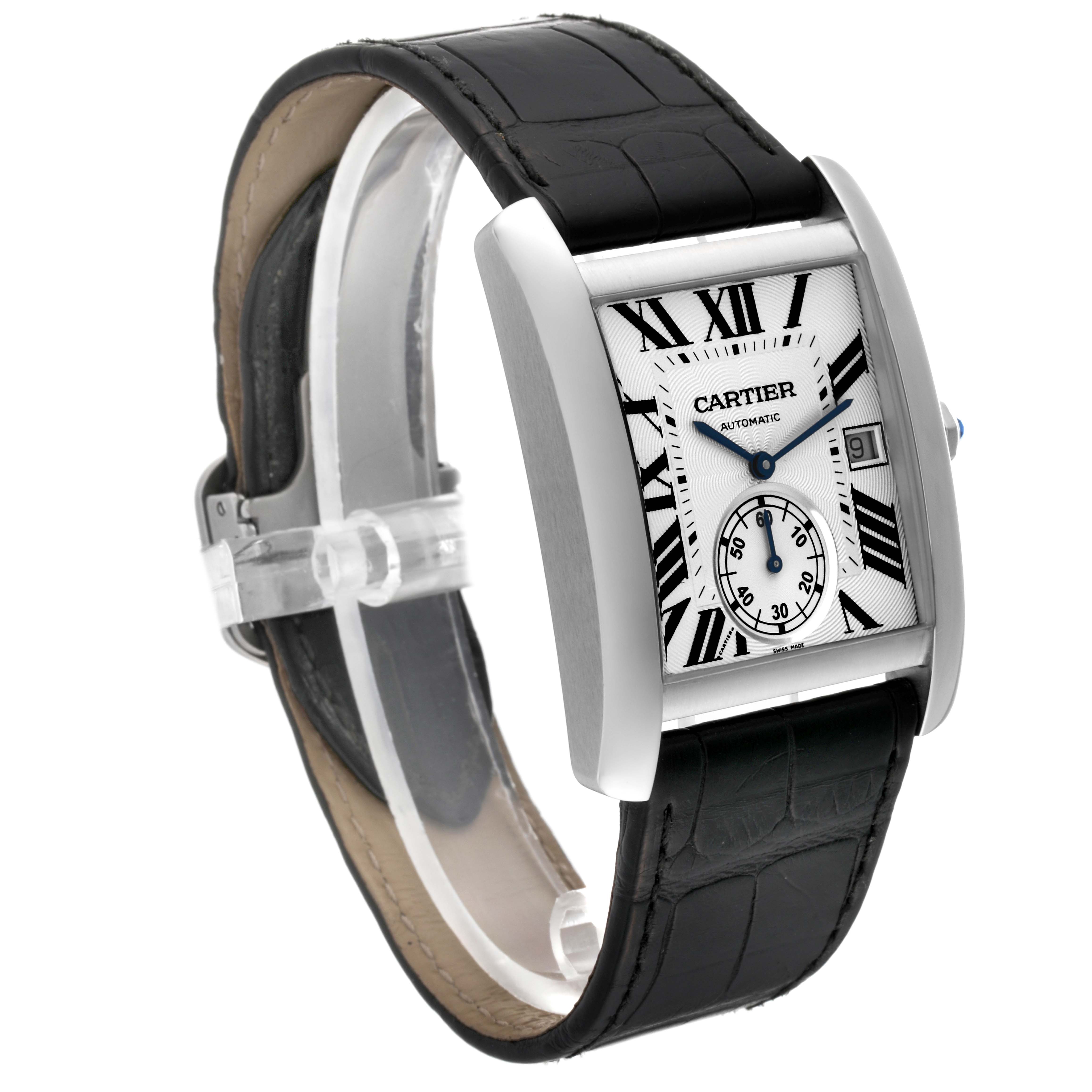 The Cartier Tank MC W5330003 Men
s Stainless Steel Silver Dial W5330003 Men
s Stainless Steel Silver Dial model is shown at a three-quarter angle, highlighting the watch face, black leather strap, and silver casing.
