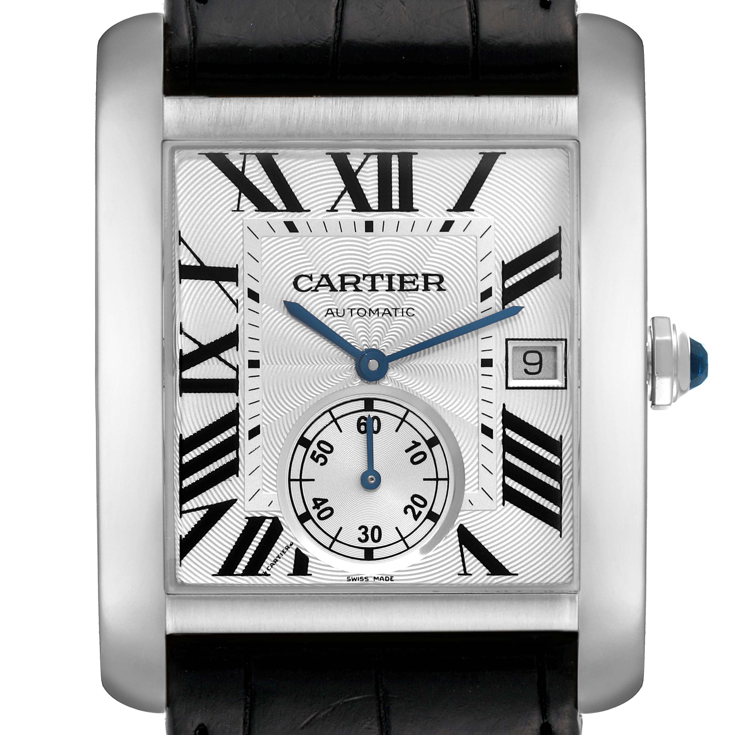 This is a close-up, front-facing view of the dial and bezel of a Cartier Tank MC W5330003 Men
s Stainless Steel Silver Dial W5330003 Men
s Stainless Steel Silver Dial model watch.