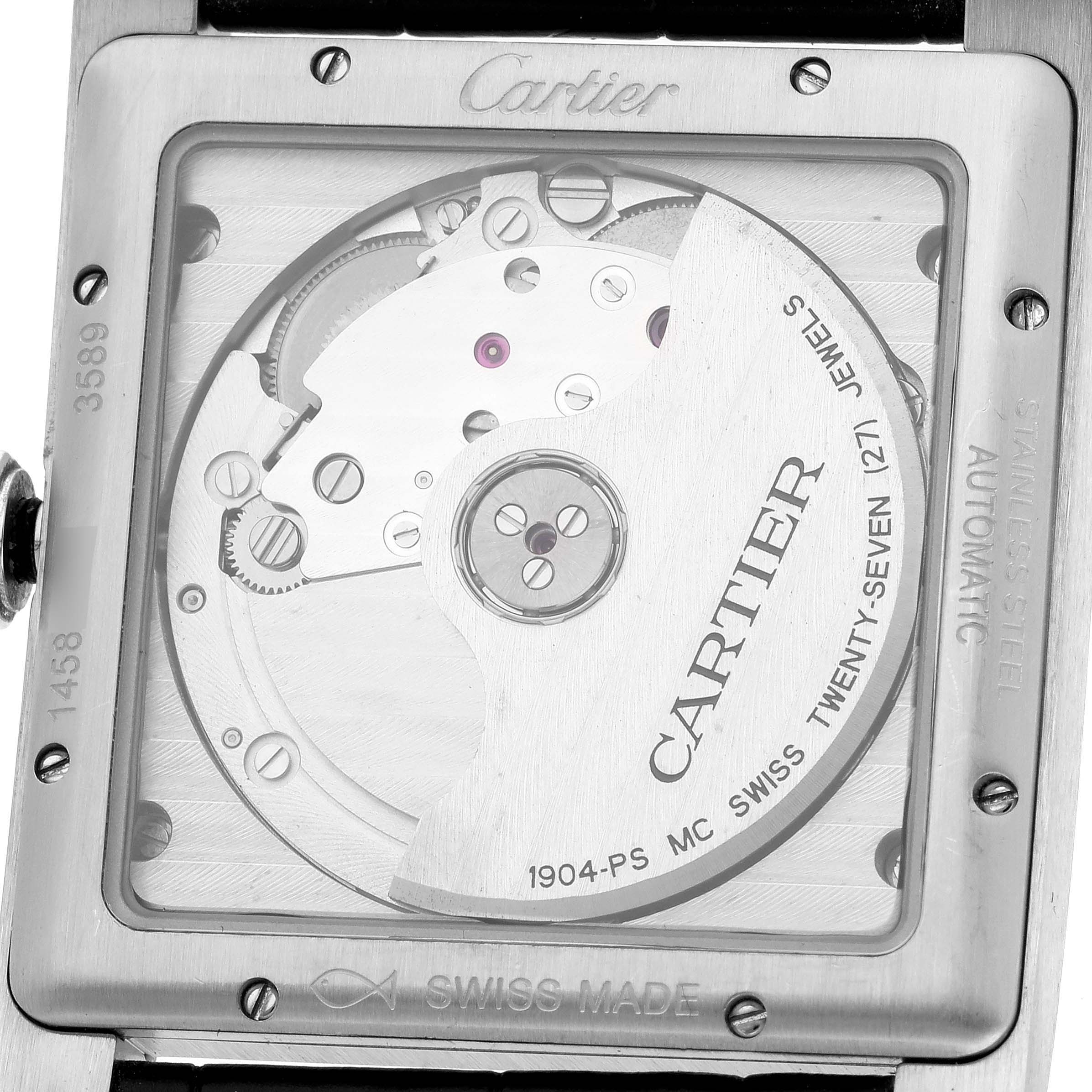 The image shows the back view of a Cartier Tank MC W5330003 Men
s Stainless Steel Silver Dial W5330003 Men
s Stainless Steel Silver Dial watch, highlighting its movement and intricate mechanisms.