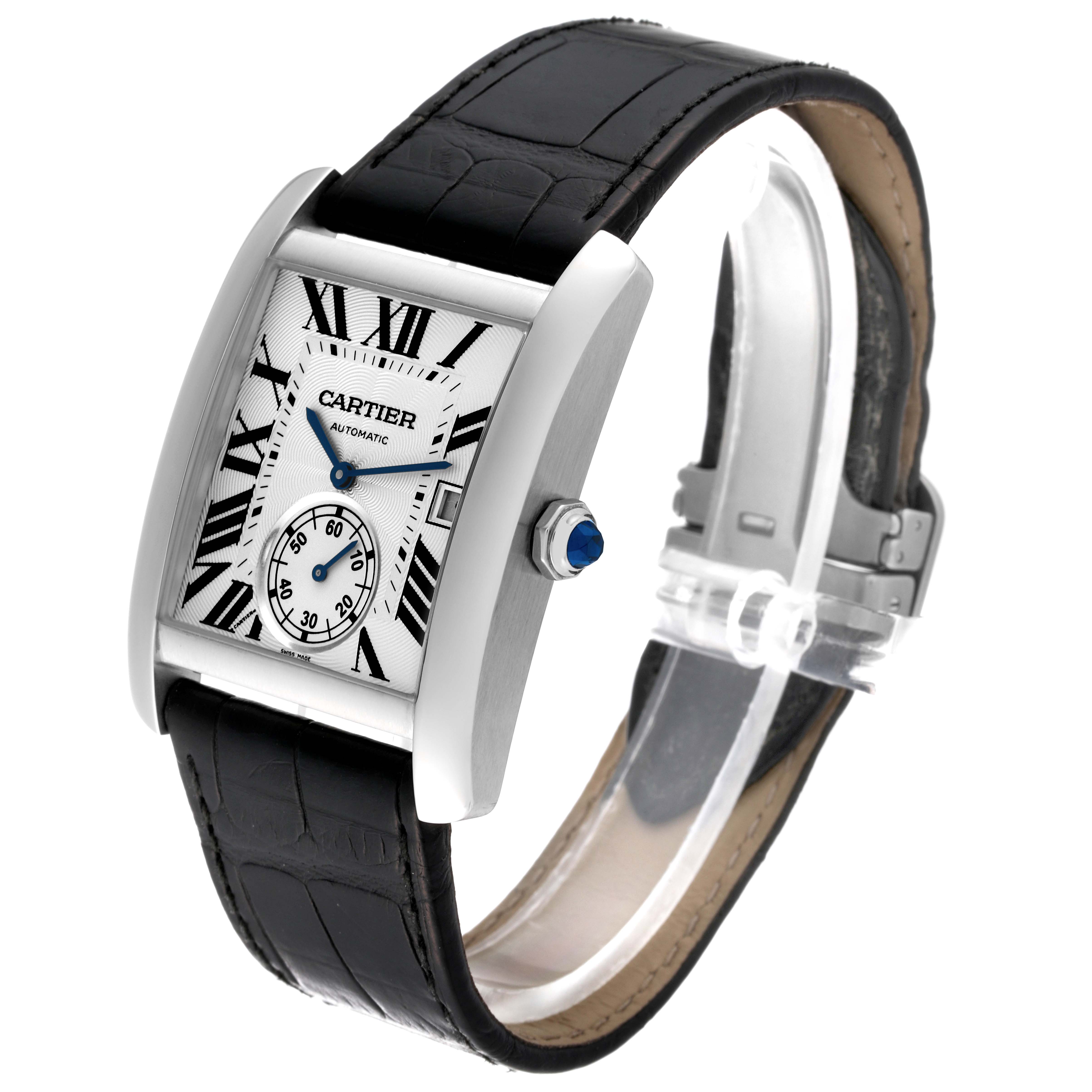 The image shows a side-angle view of the Cartier Tank MC W5330003 Men
s Stainless Steel Silver Dial W5330003 Men
s Stainless Steel Silver Dial watch, highlighting the face, crown, and black leather strap.
