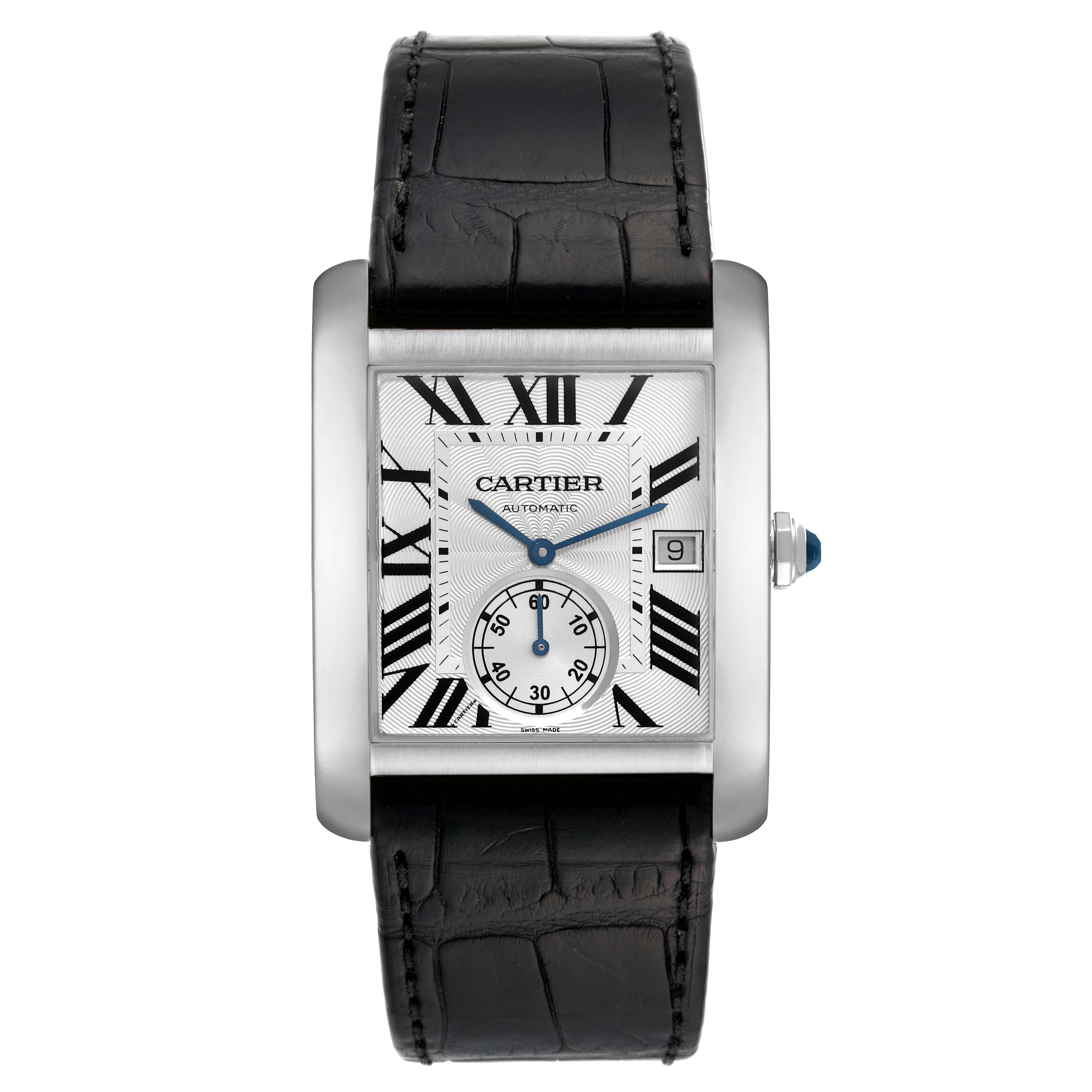 The Cartier Tank MC W5330003 Men
s Stainless Steel Silver Dial W5330003 Men
s Stainless Steel Silver Dial watch is shown from a top-down angle, displaying its rectangular face, black leather strap, and Roman numeral markers.