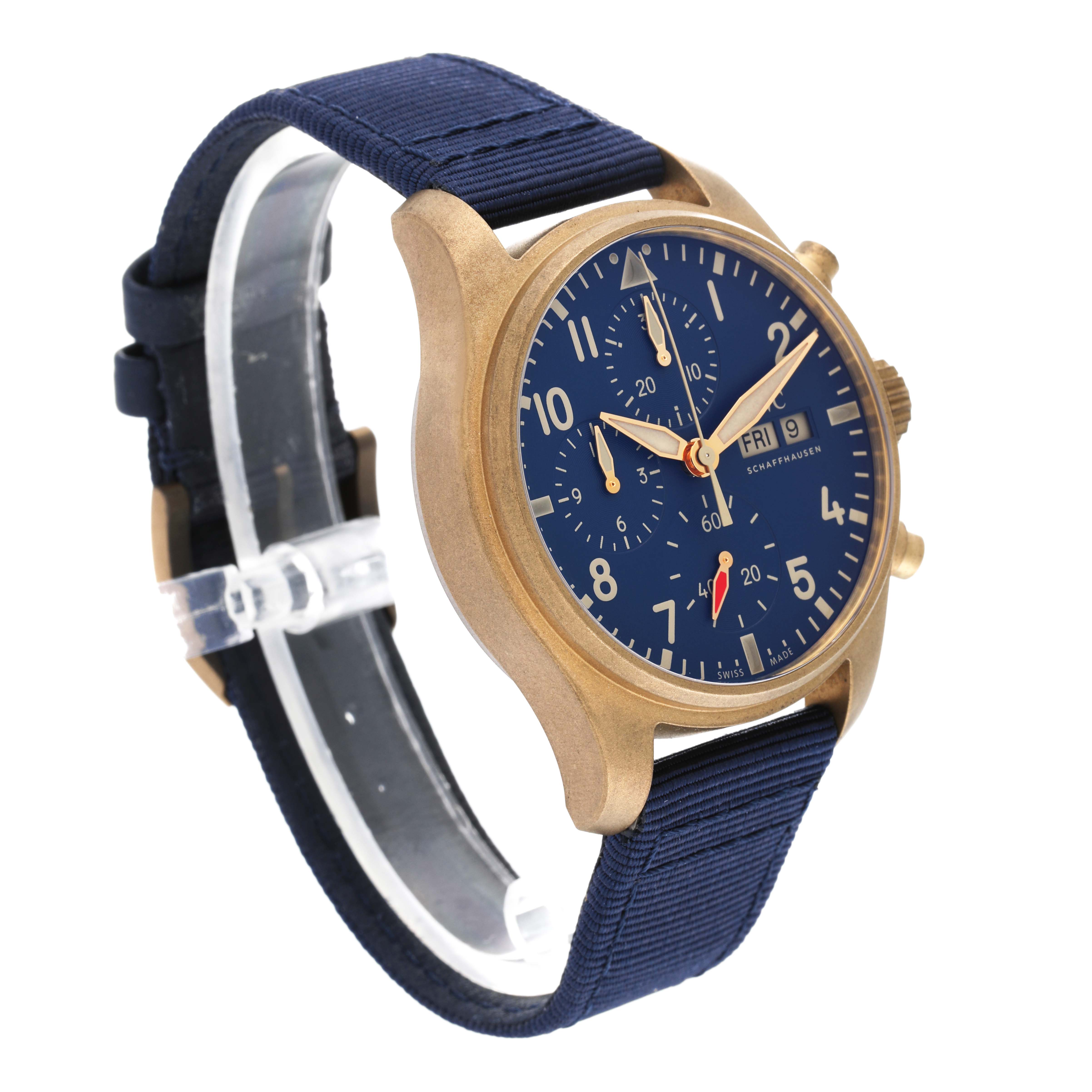 The IWC Pilot IW388109 Men's Bronze Blue Dial IW388109 Men's Bronze Blue Dial model watch is shown at a three-quarter angle, highlighting its dial, case, crown, and strap.