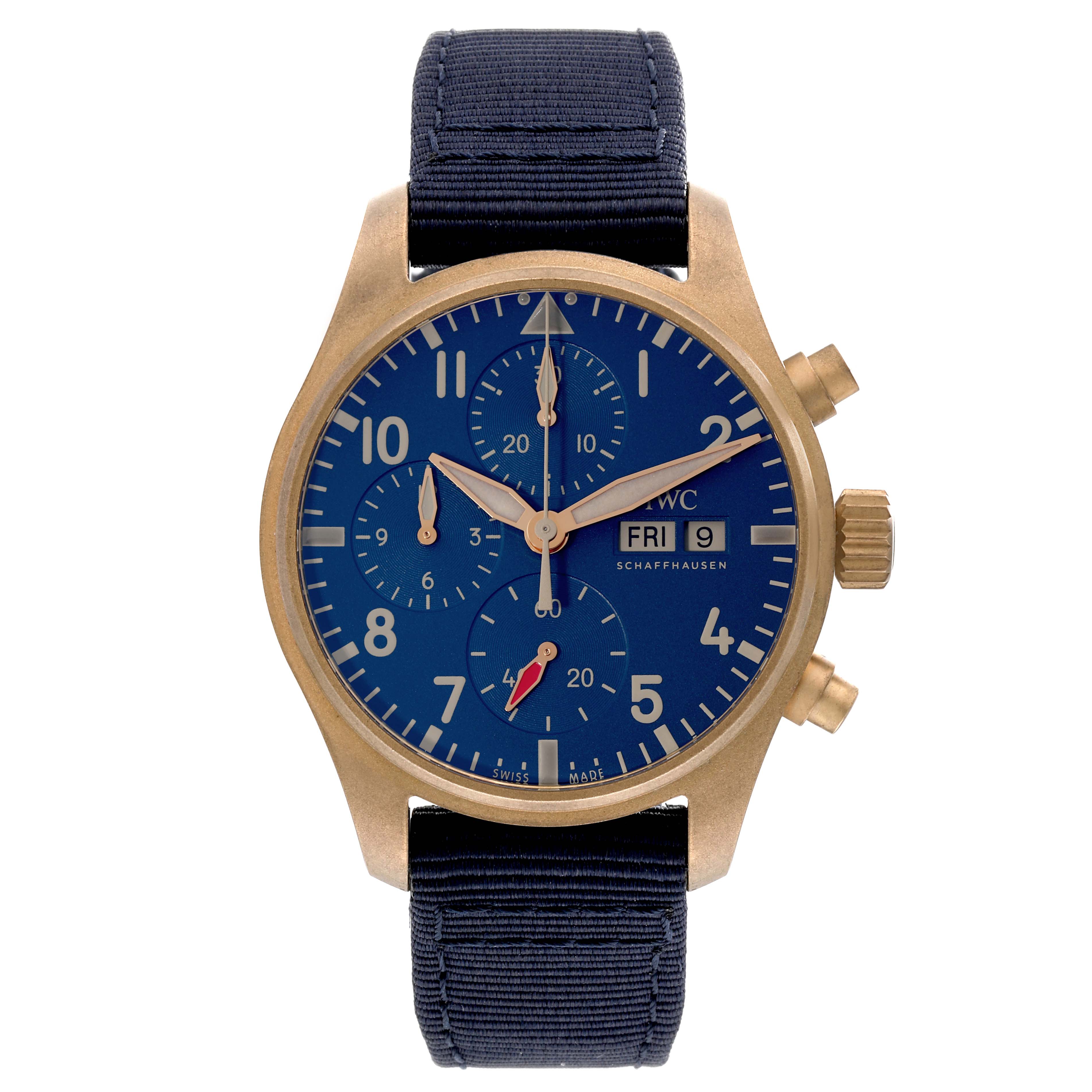 The image shows a front view of an IWC Pilot IW388109 Men's Bronze Blue Dial IW388109 Men's Bronze Blue Dial watch featuring a blue dial, gold-tone case, and a black strap.
