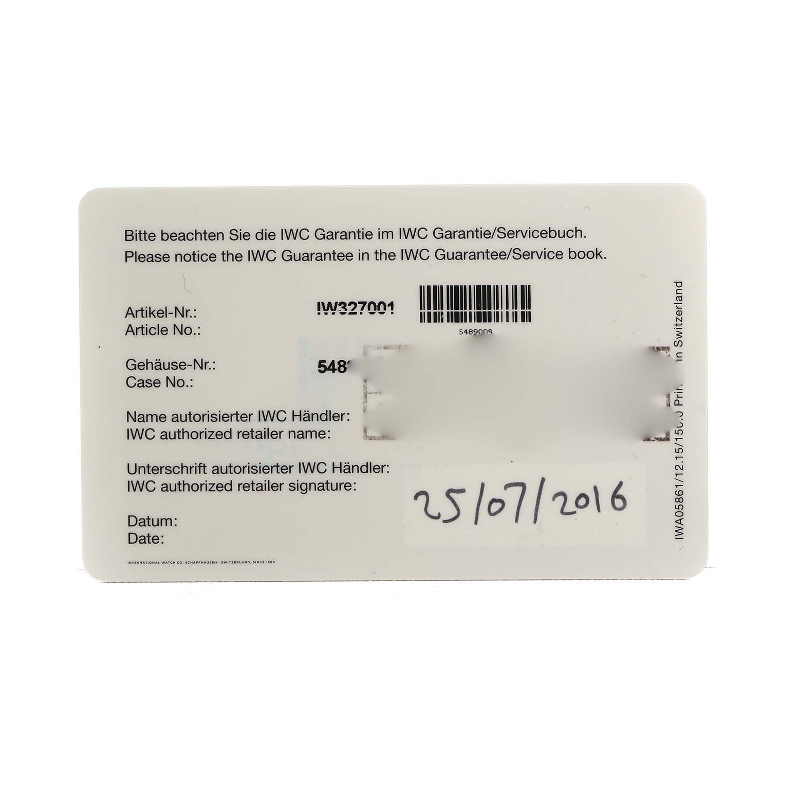 The image shows an IWC Pilot IW327001 Men's Stainless Steel Black Dial model warranty card detailing article and case numbers, retailer information, and a date.