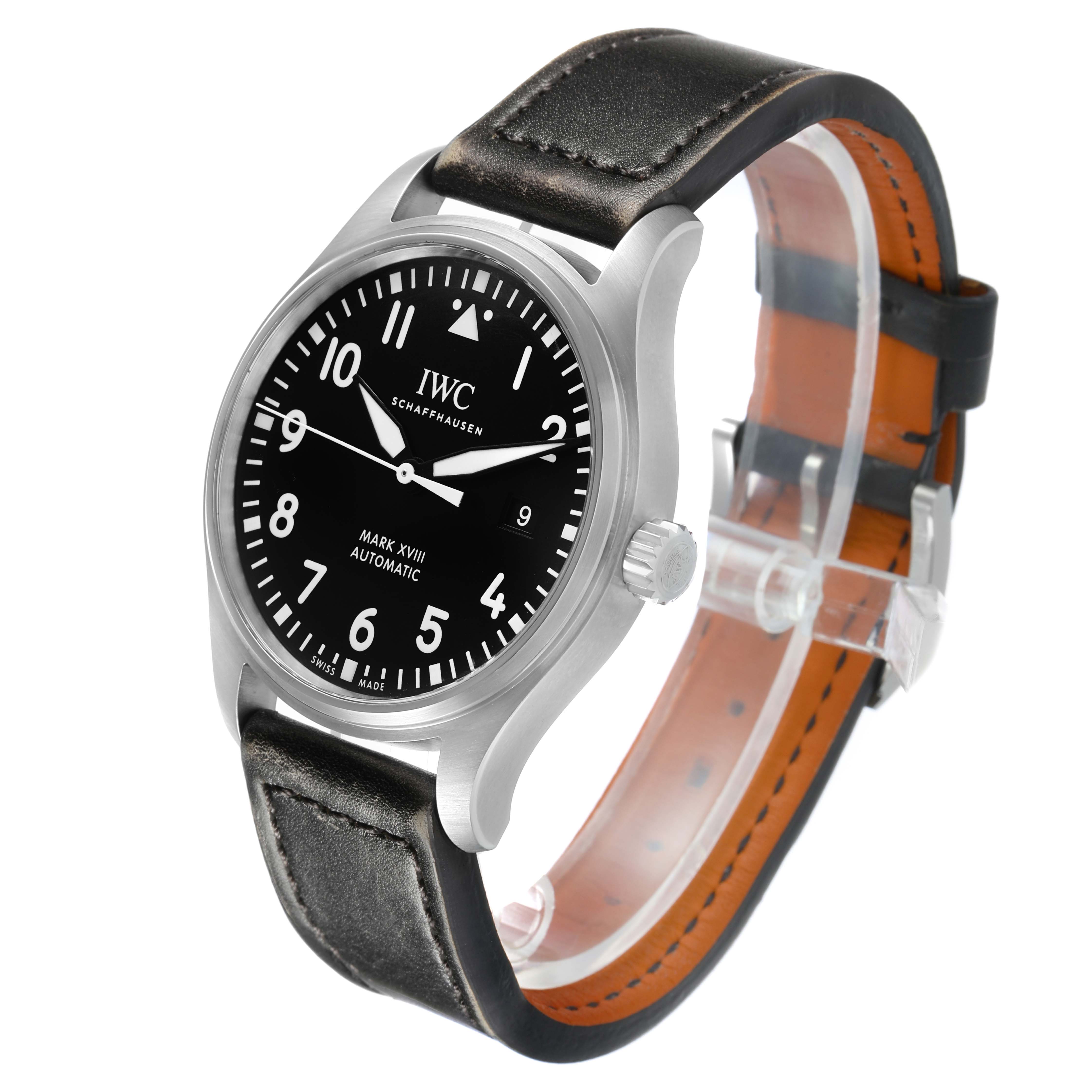 This IWC Pilot IW327001 Men's Stainless Steel Black Dial model is shown at an angled view, highlighting the dial, crown, and leather strap.