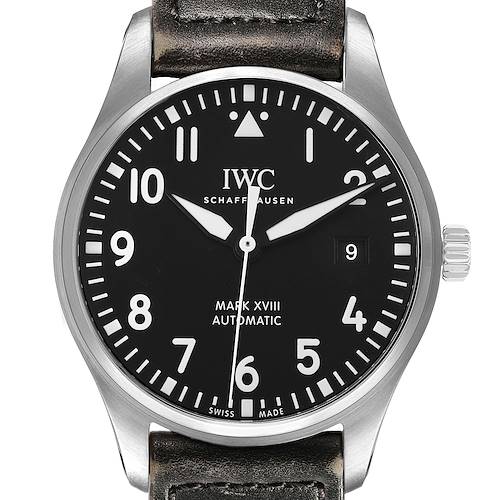 The IWC Pilot IW327001 Men's Stainless Steel Black Dial Mark XVIII watch is shown from a front angle, displaying the dial, hands, and part of the leather strap.