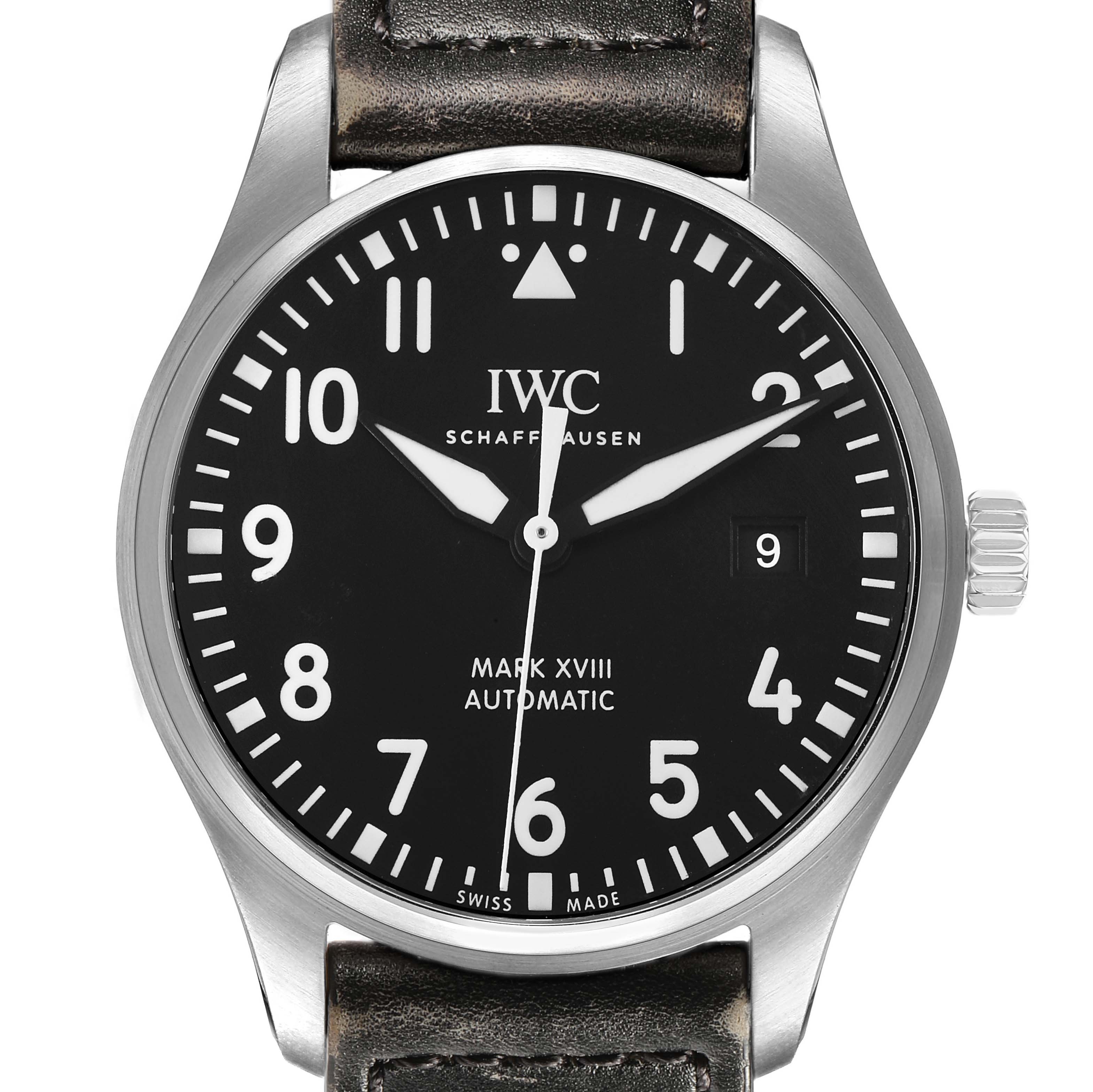 The IWC Pilot IW327001 Men's Stainless Steel Black Dial Mark XVIII watch is shown from the front, displaying its black dial, numerals, hands, and date window.