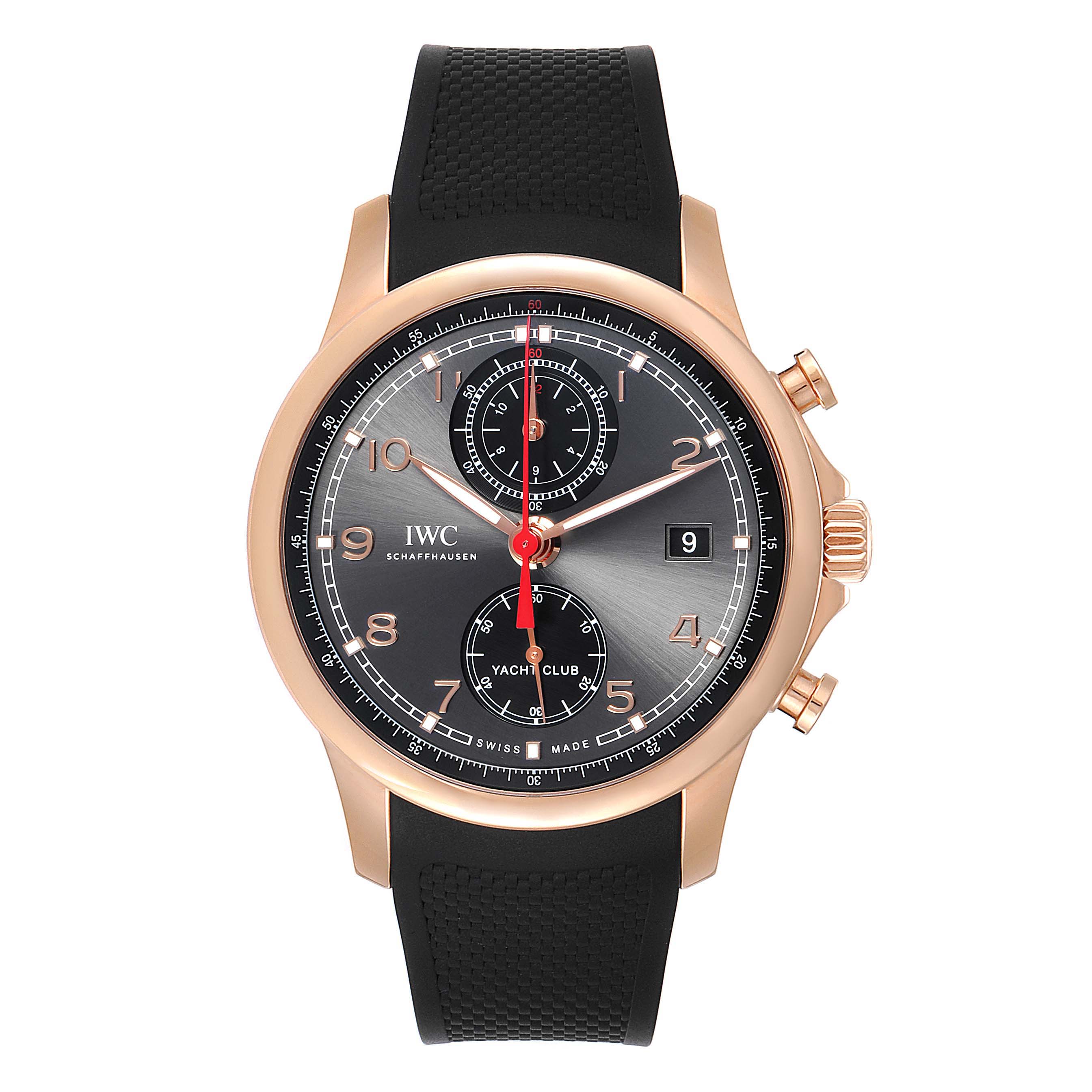 The image shows a front view of an IWC Portuguese IW390209  Men's Rose Gold Grey Dial IW390209  Men's Rose Gold Grey Dial watch, featuring a black dial, rose gold case, and black strap.