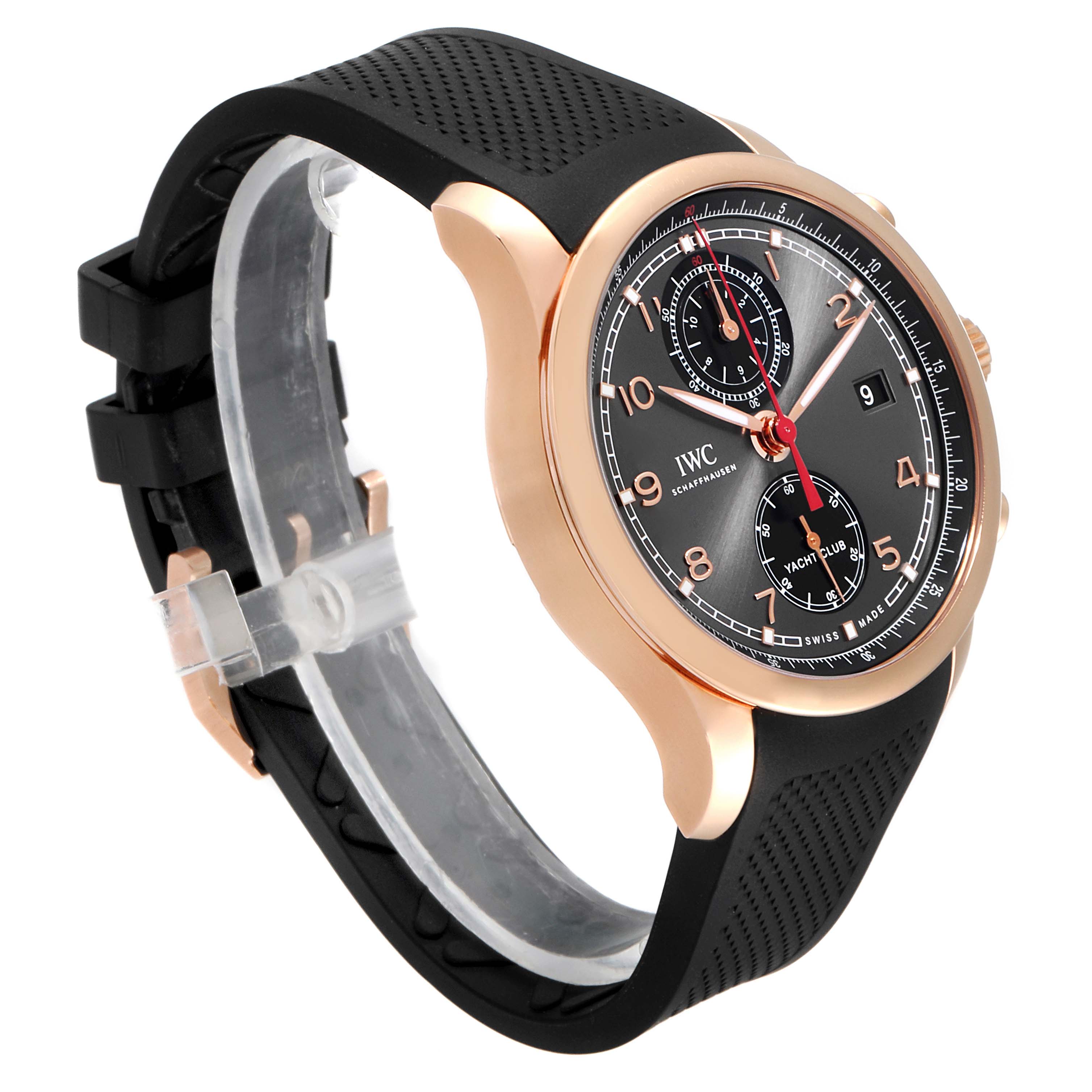 The IWC Portuguese IW390209  Men's Rose Gold Grey Dial IW390209  Men's Rose Gold Grey Dial watch is shown at a three-quarter angle, highlighting its black face, gold case, and black strap.