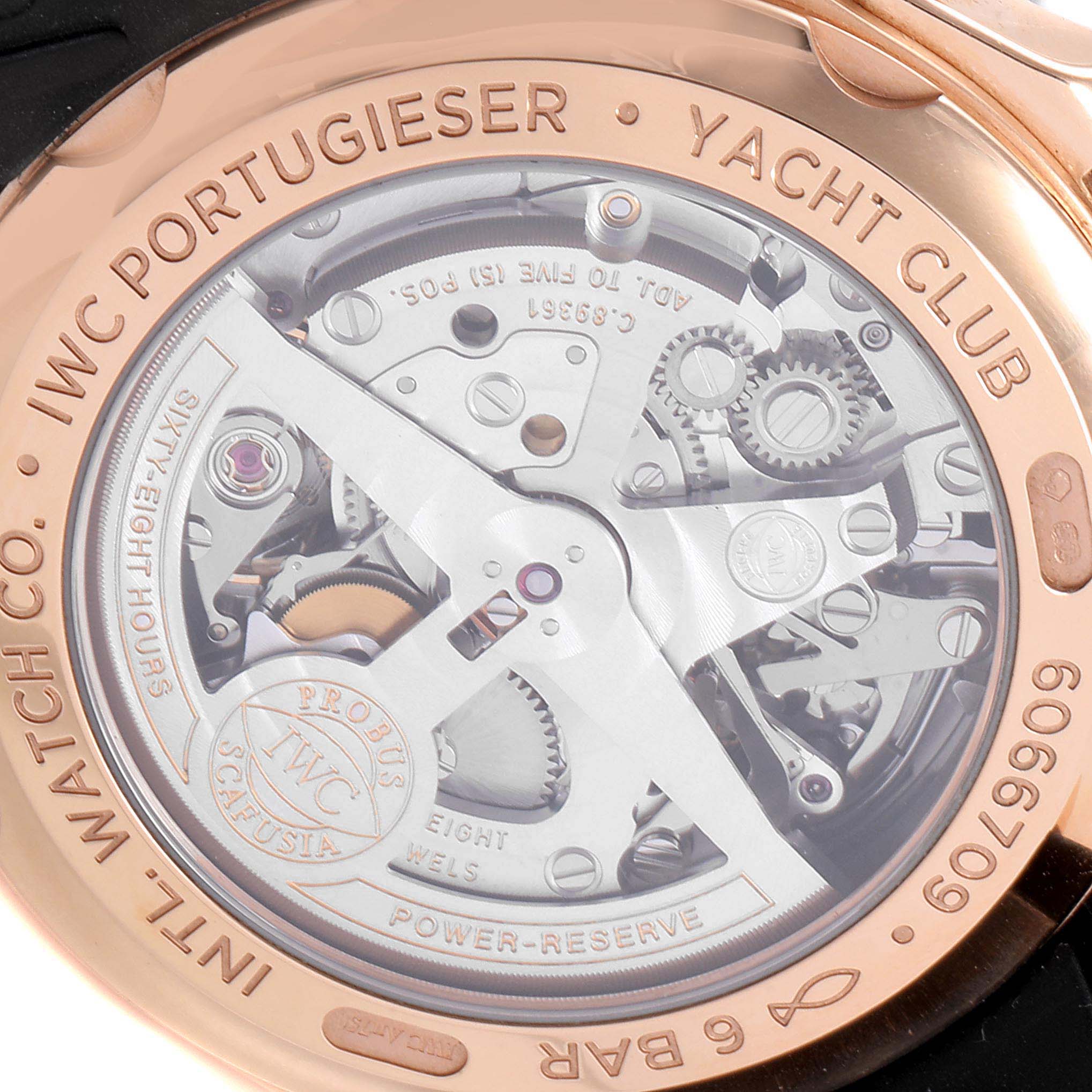 This image shows the back view of the IWC Portuguese IW390209  Men's Rose Gold Grey Dial IW390209  Men's Rose Gold Grey Dial Yacht Club watch, displaying its intricate movement and internal mechanisms.
