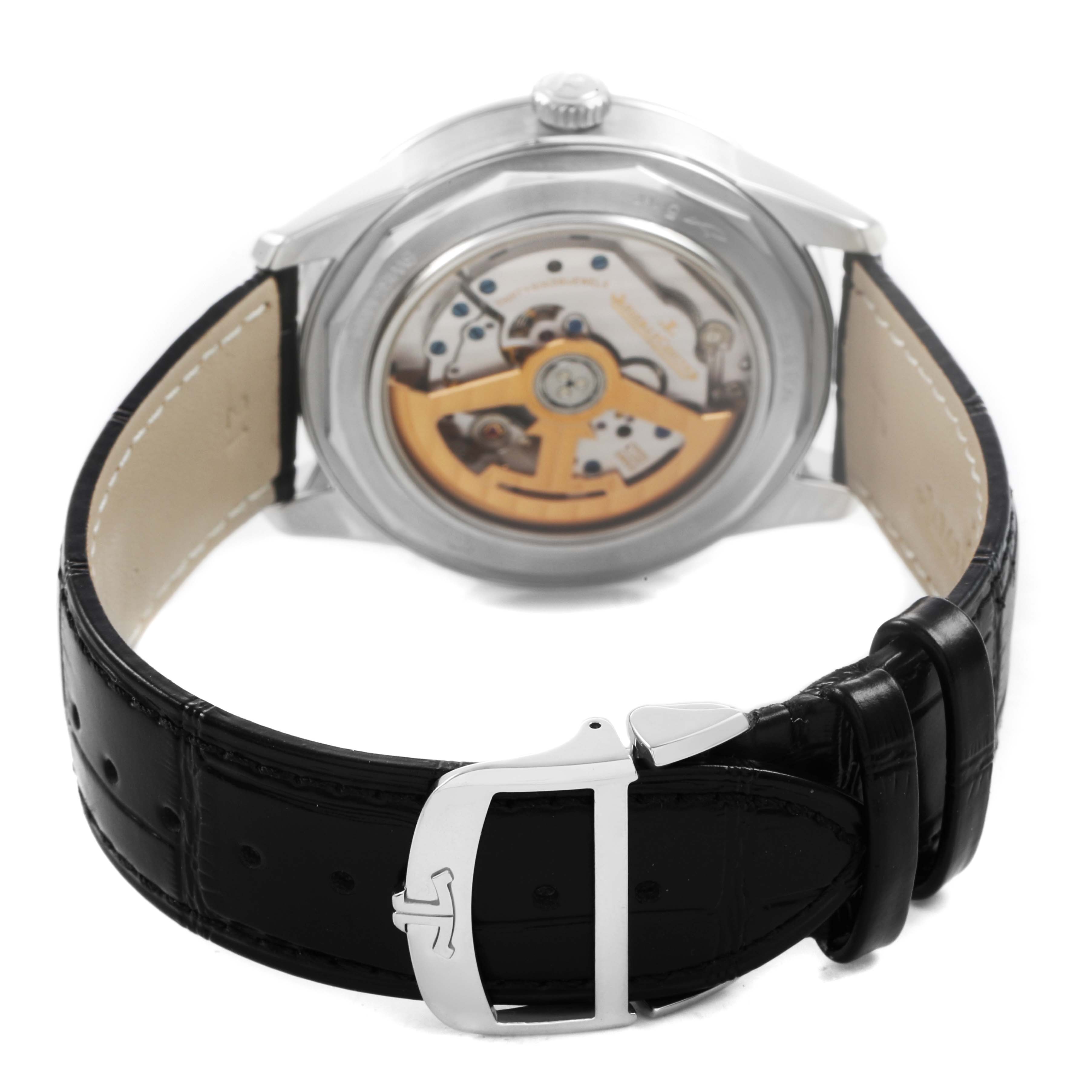 This image shows the back view of the Jaeger-LeCoultre Geophysic watch, highlighting the movement and the leather strap with a clasp.