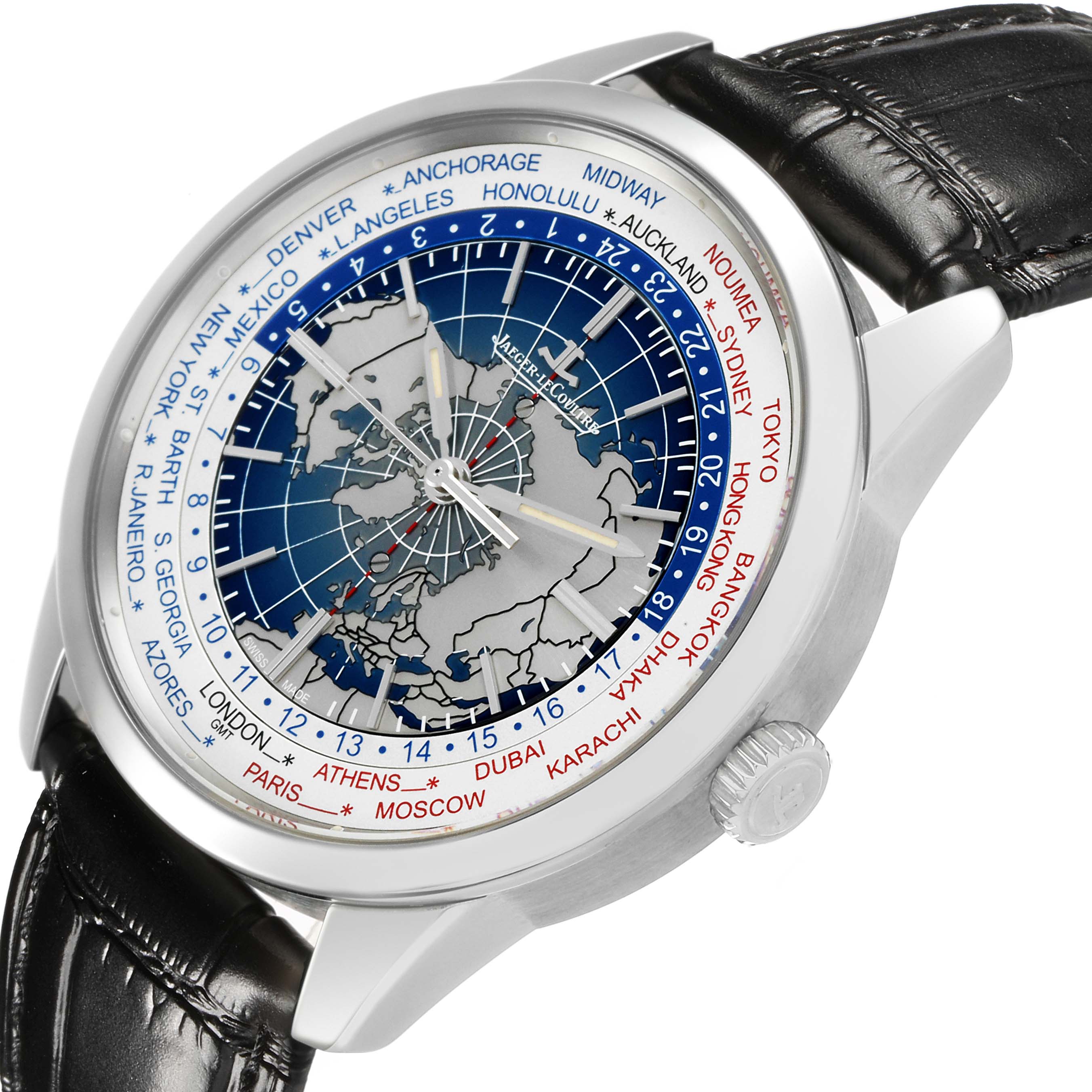 The Jaeger-LeCoultre Geophysic watch is shown at an oblique angle, highlighting the dial, bezel, case, and strap.