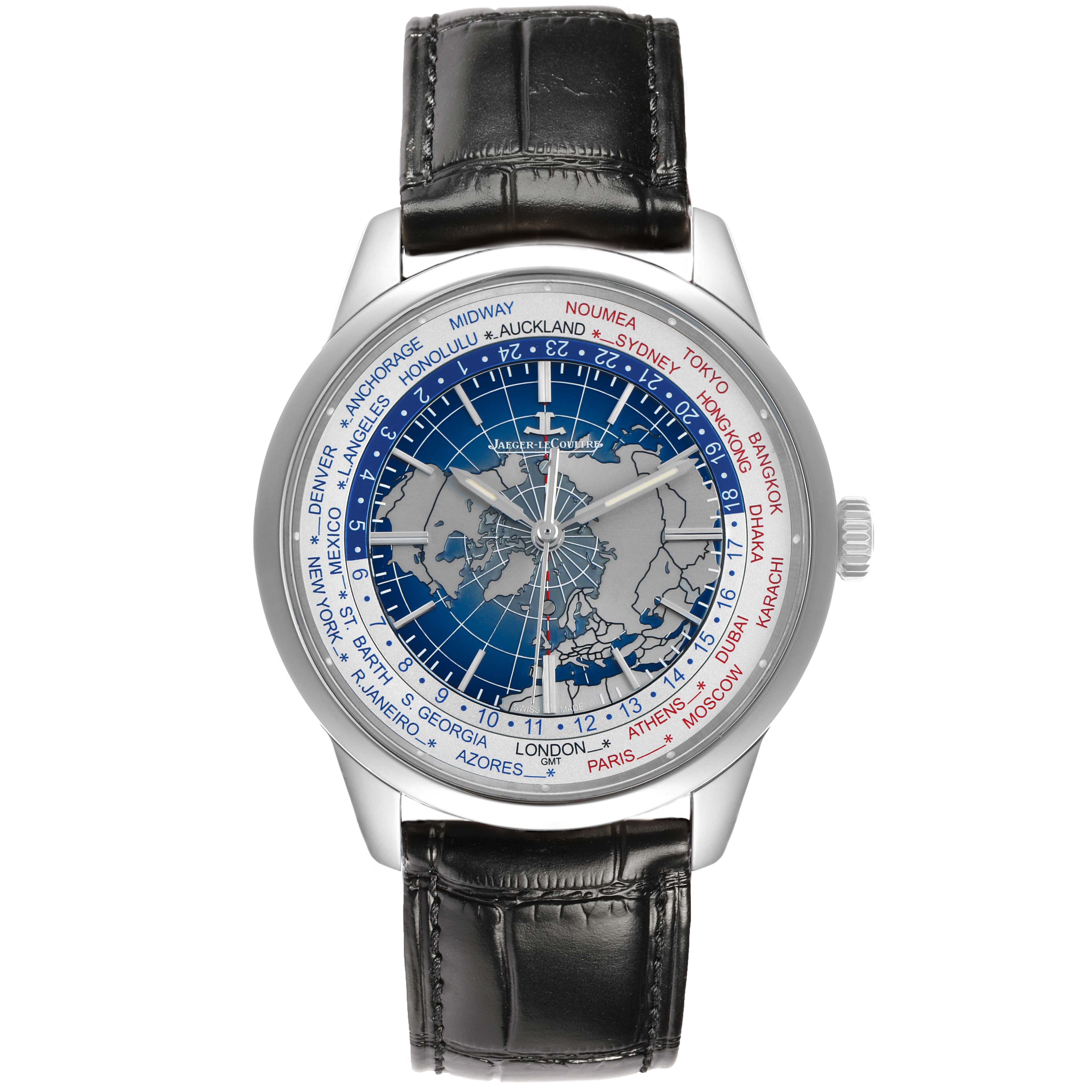 The Jaeger LeCoultre Geophysic 503.8.T2.S Q8108420 Men's Stainless Steel Blue Dial watch is shown from the front, displaying its face, dials, and leather strap.