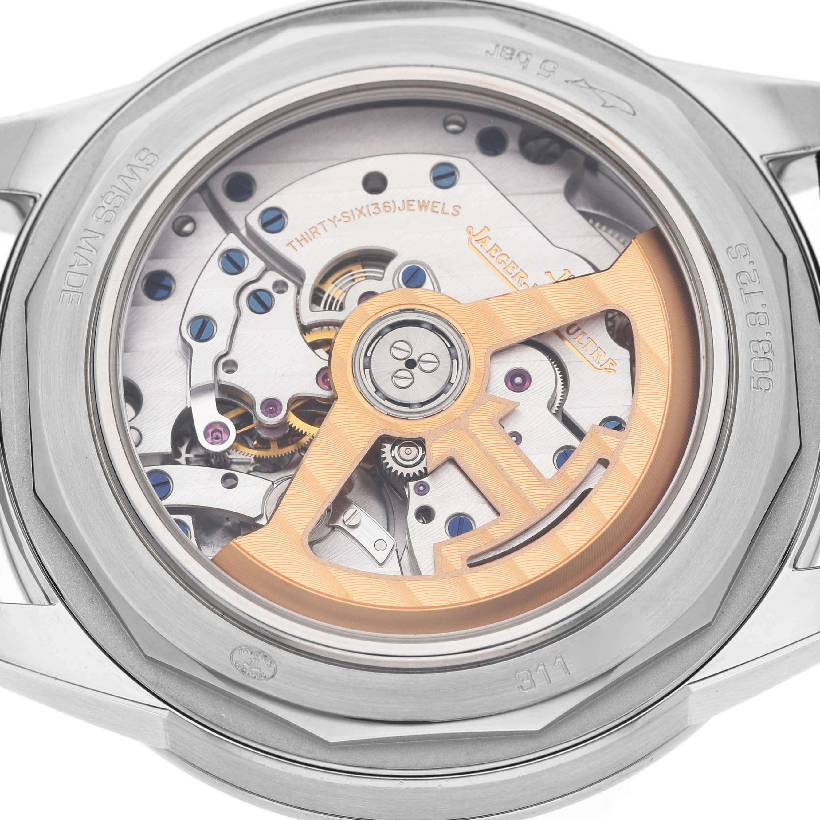 The image shows the back view of the Jaeger LeCoultre Geophysic 503.8.T2.S Q8108420 Men's Stainless Steel Blue Dial, highlighting its movement and rotor.