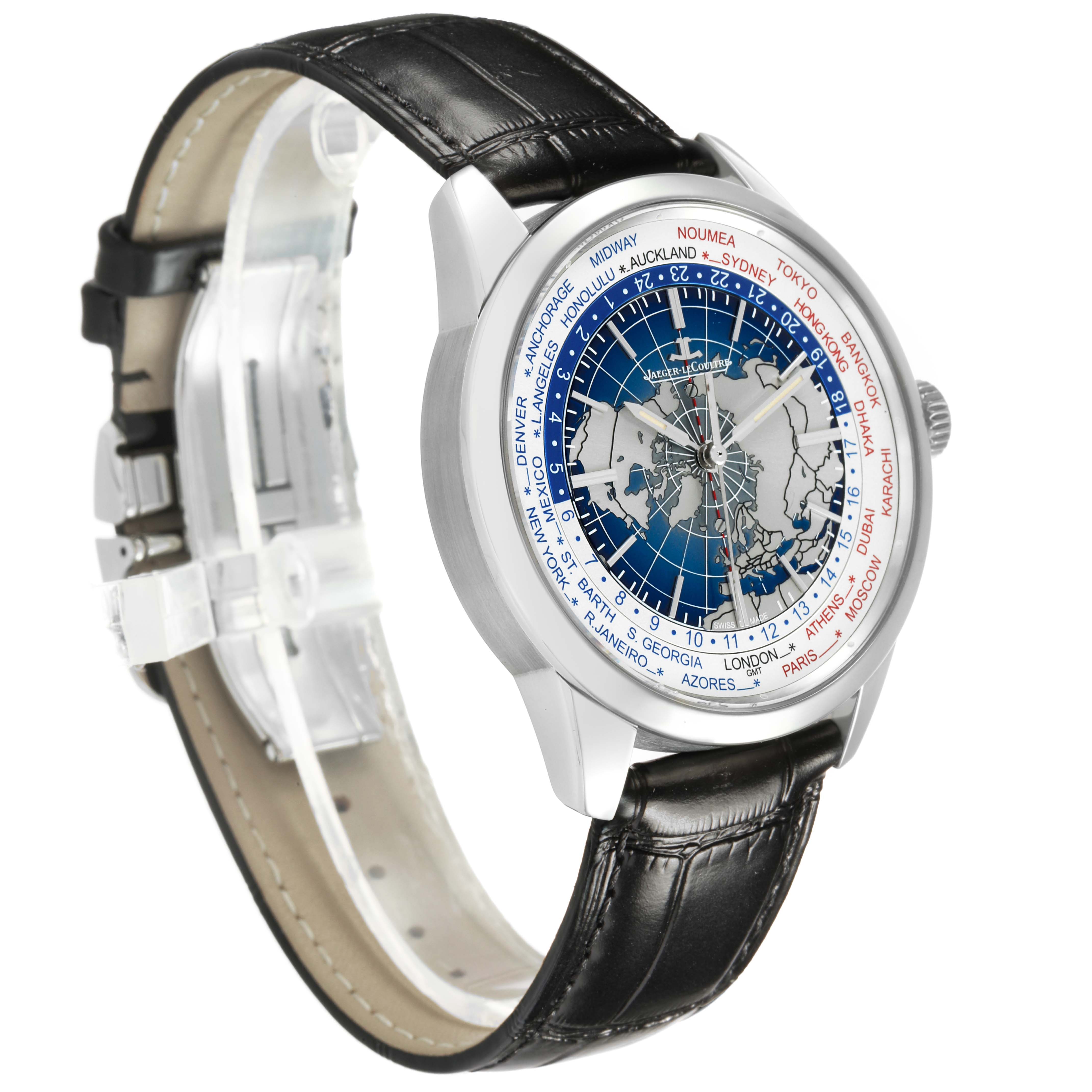 The Jaeger LeCoultre Geophysic 503.8.T2.S Q8108420 Men's Stainless Steel Blue Dial watch is shown at an angle highlighting its face, world map dial, and leather strap.