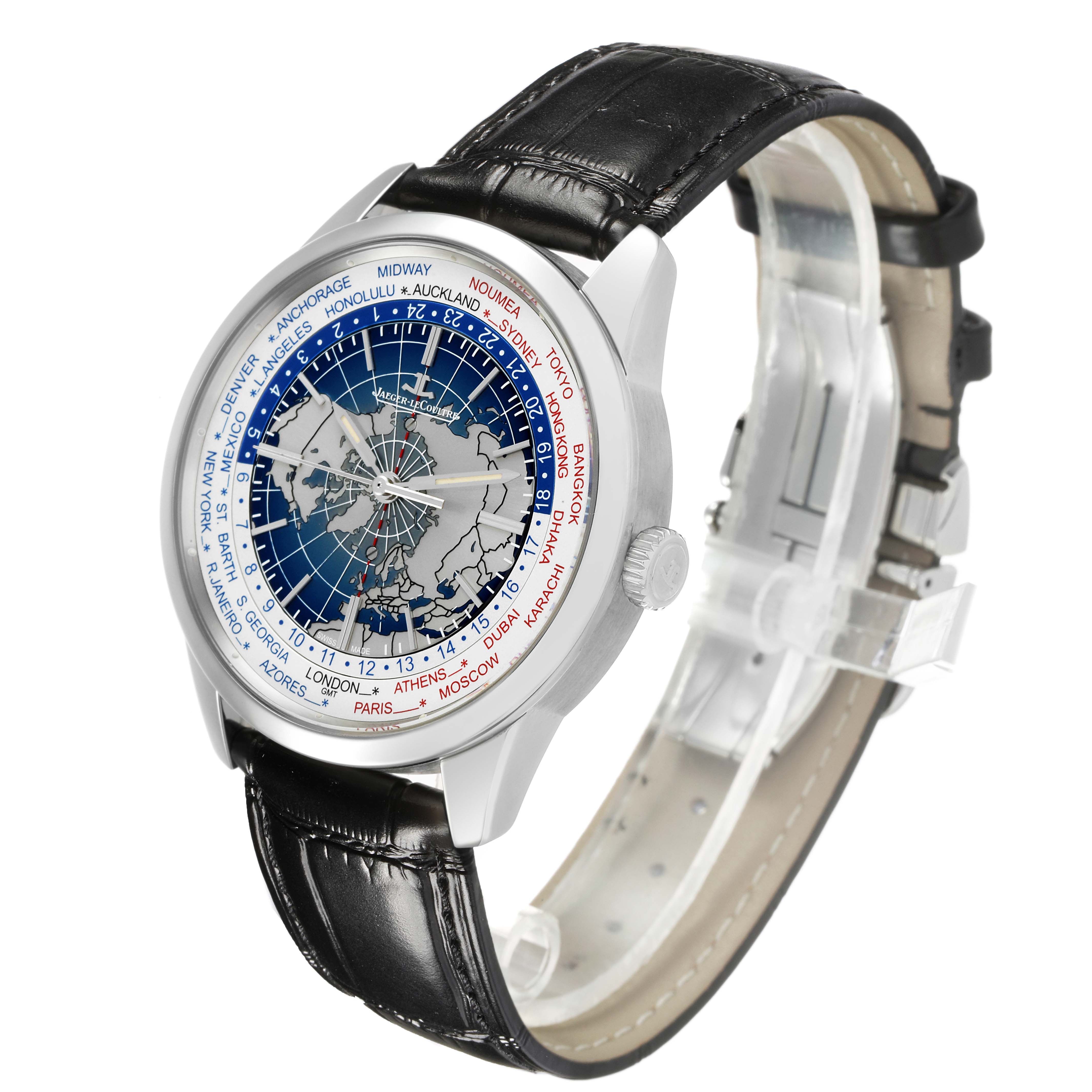 The Jaeger LeCoultre Geophysic 503.8.T2.S Q8108420 Men's Stainless Steel Blue Dial watch is shown at a three-quarter angle, highlighting the face, bezel, and leather strap.